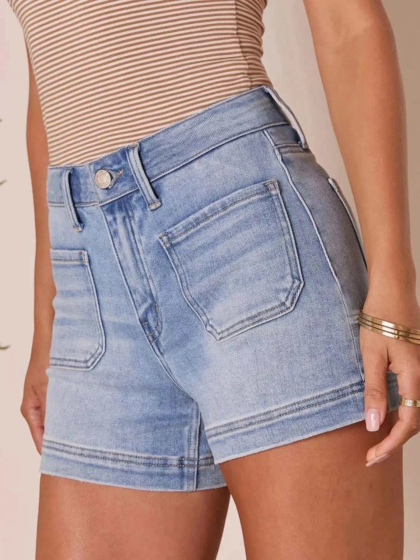 High-Waisted Pocketed Denim Shorts - GlowUp Garments