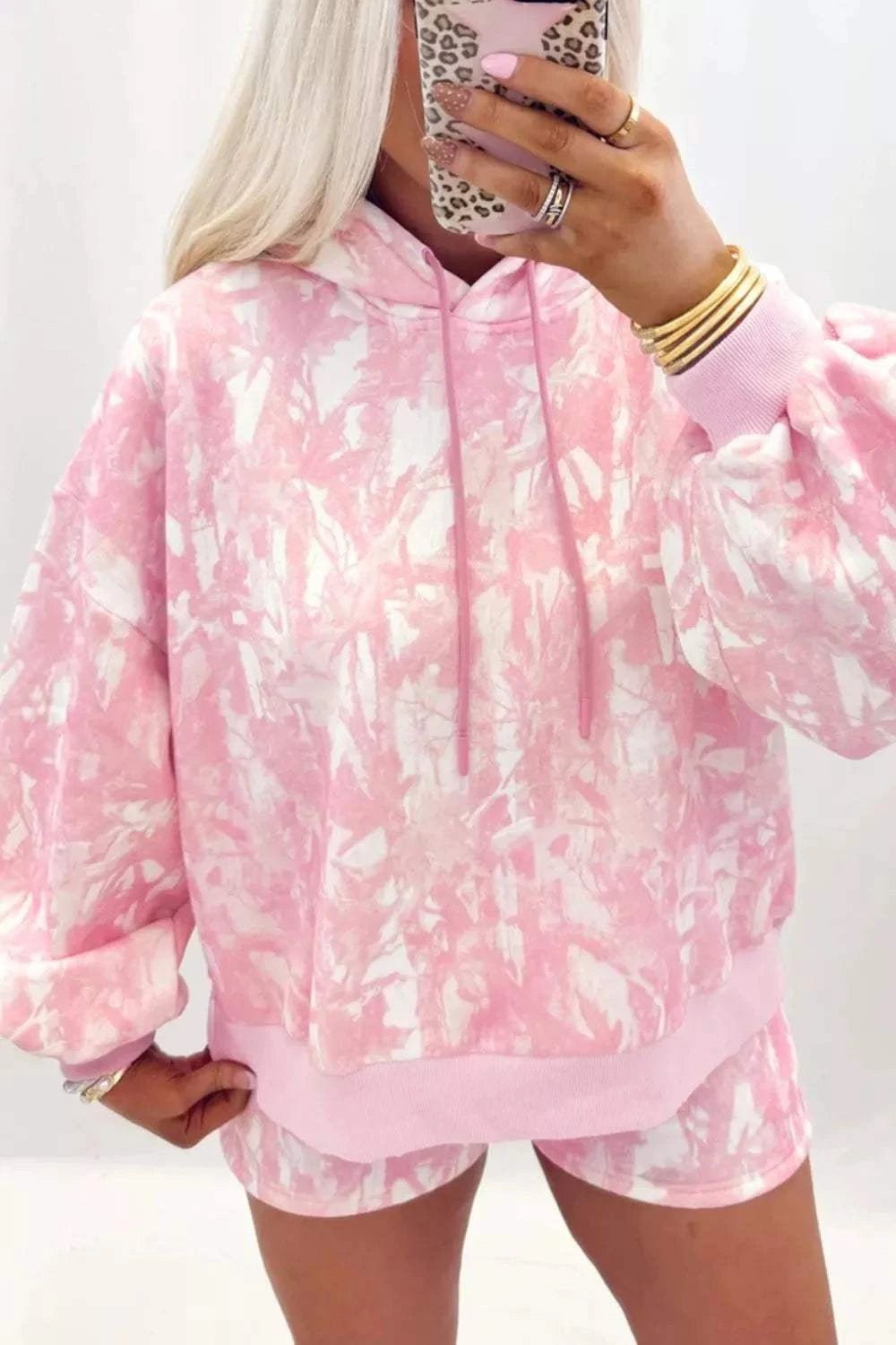 Abstract Print Loose Hoodie Slim Shorts 2pcs Set - GlowUp Garments