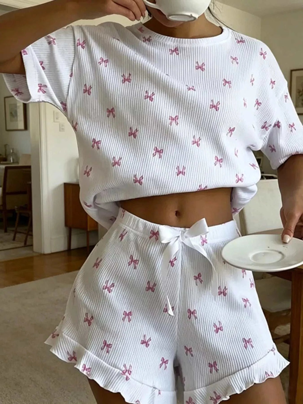 Ribbed Knit Bow Print Top and Shorts Lounge Set - GlowUp Garments