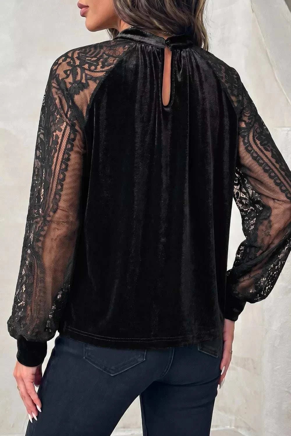 Elegant Velvet Blouse with Sheer Lace Sleeves - GlowUp Garments