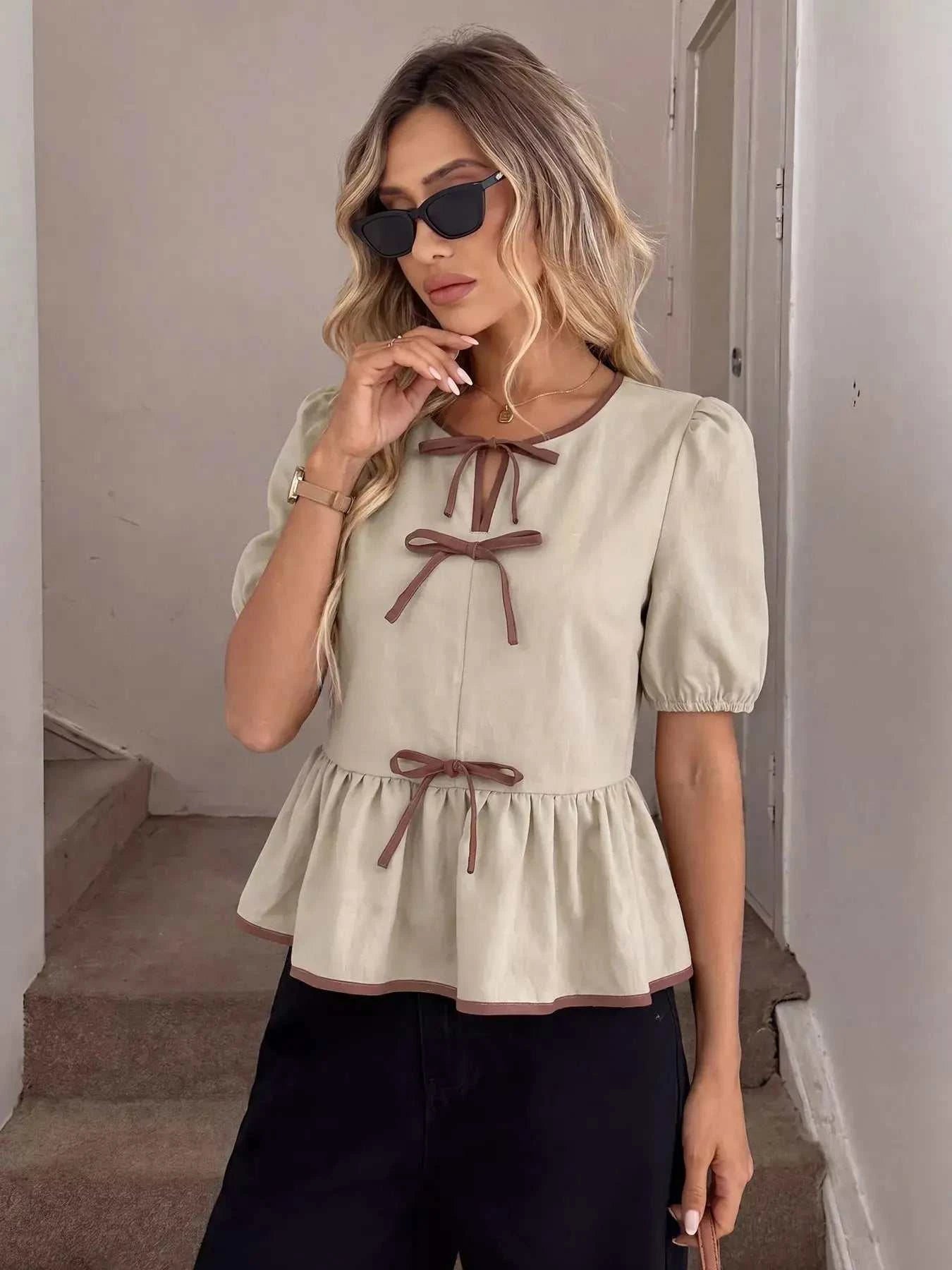 Bow Front Ruffle Hem Blouse - GlowUp Garments