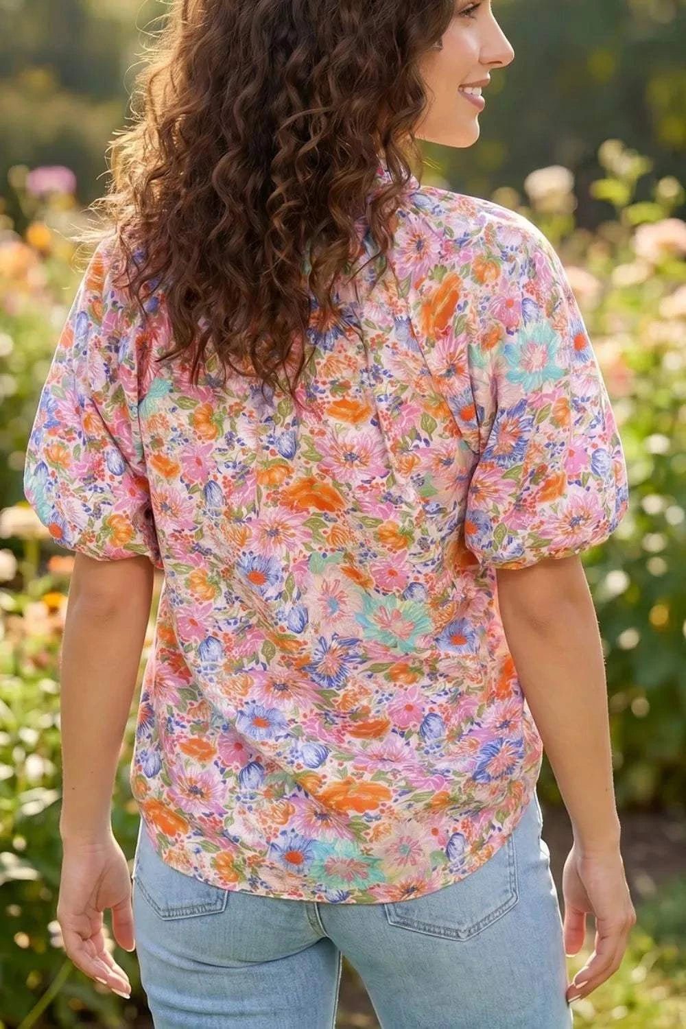 Floral Print Puff Sleeve Blouse - GlowUp Garments