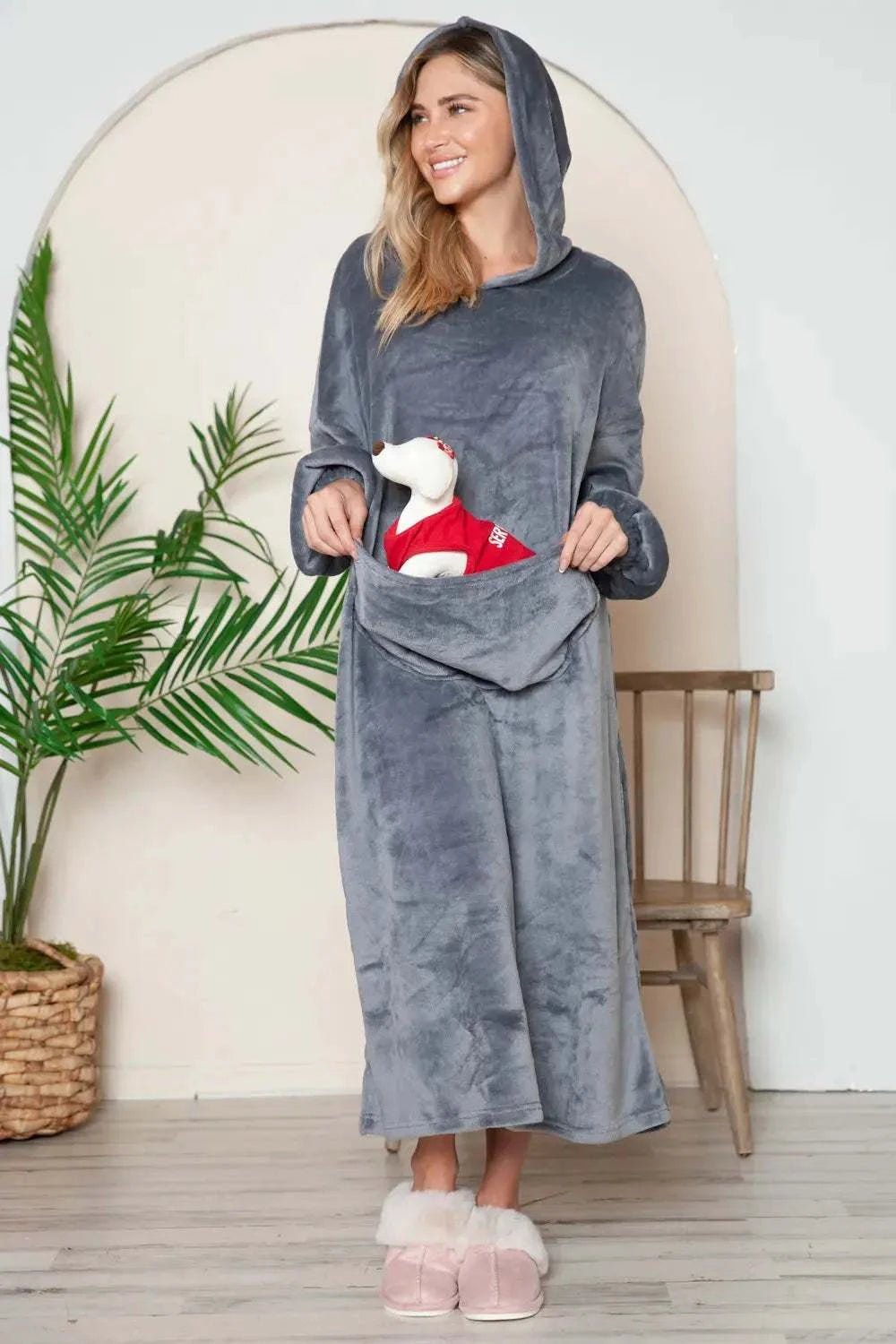 Double Take Full Size Pocketed Hooded Midi Lounge Dress - GlowUp Garments