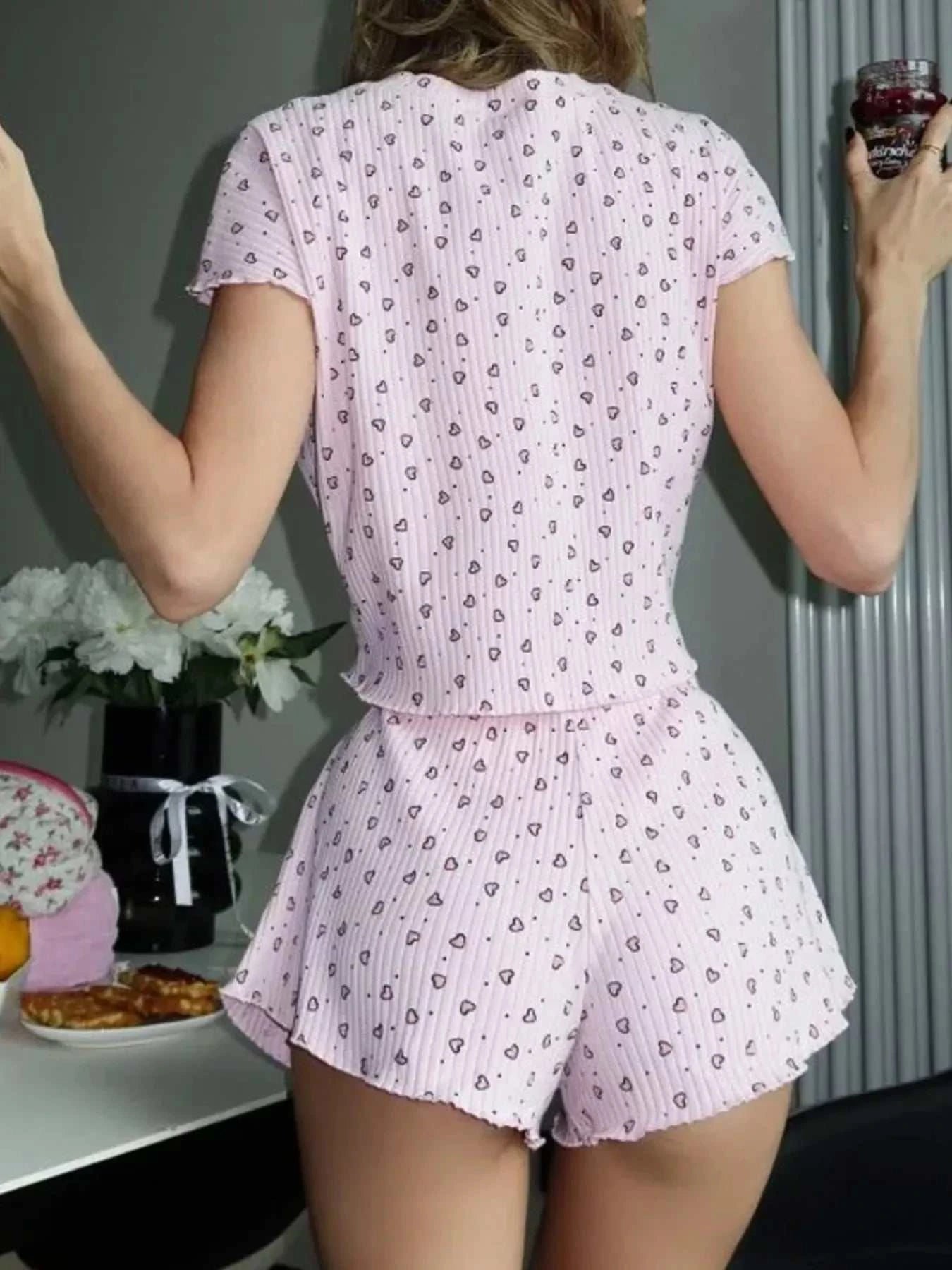 Heart Print Ribbed Knit Top and Shorts Lounge Set - GlowUp Garments