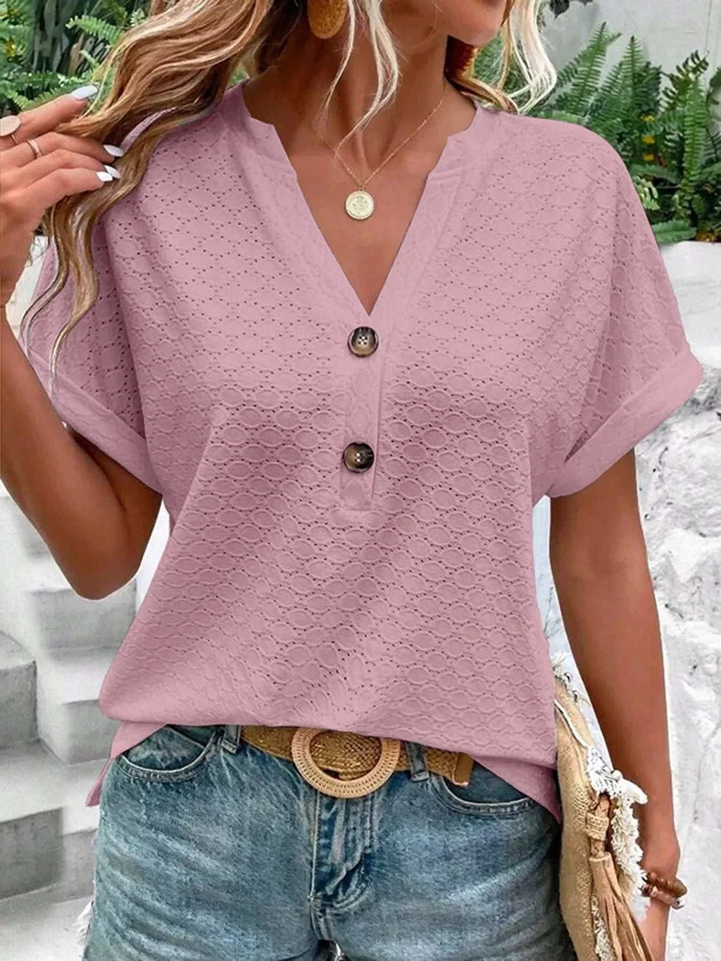 Notched Short Sleeve Top - GlowUp Garments