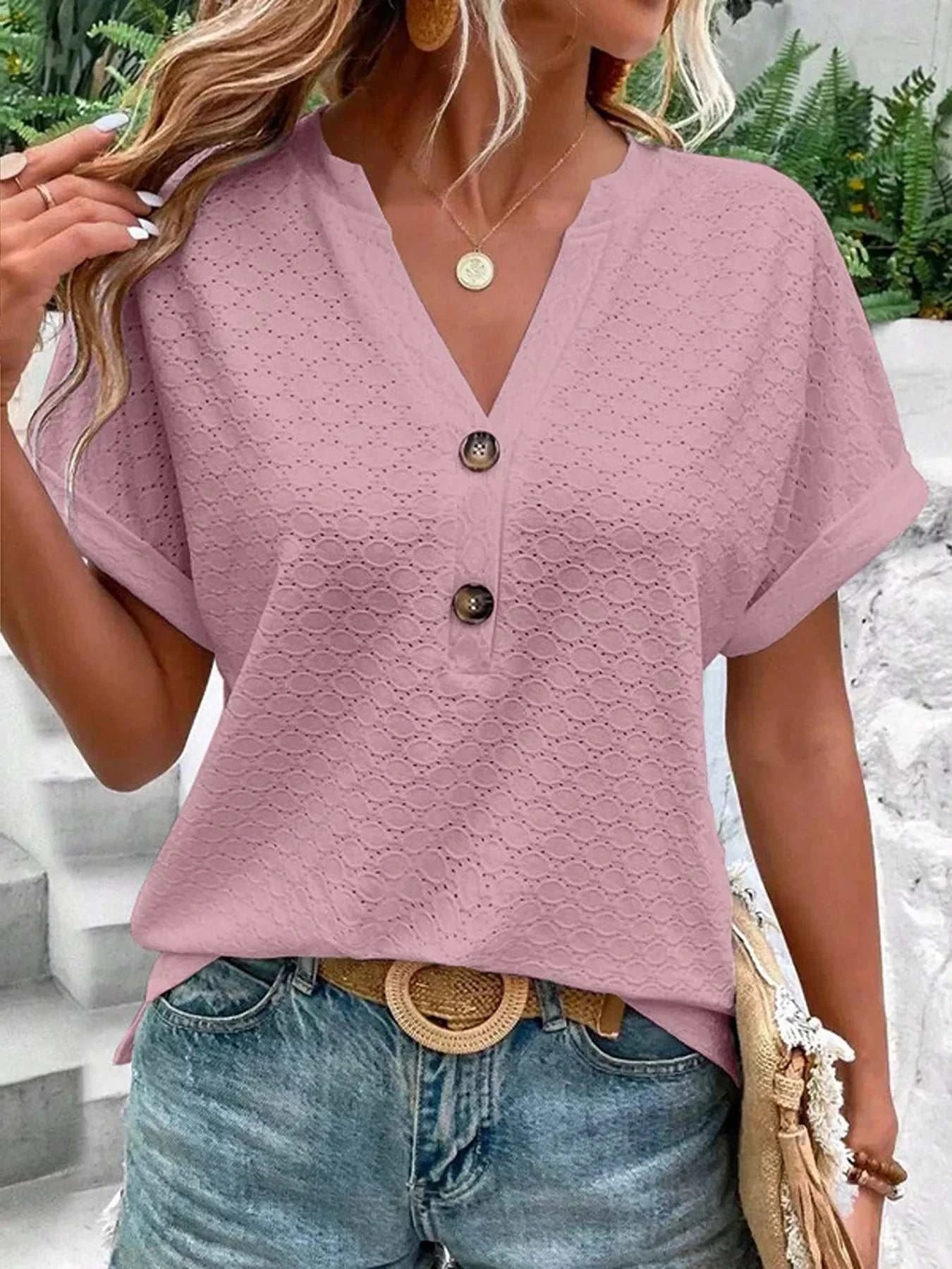 Notched Short Sleeve Top - GlowUp Garments