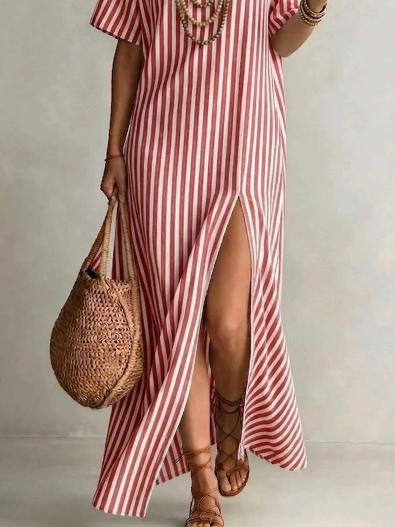 Full Size Striped Maxi Dress with Side Slit Plus SIze - GlowUp Garments