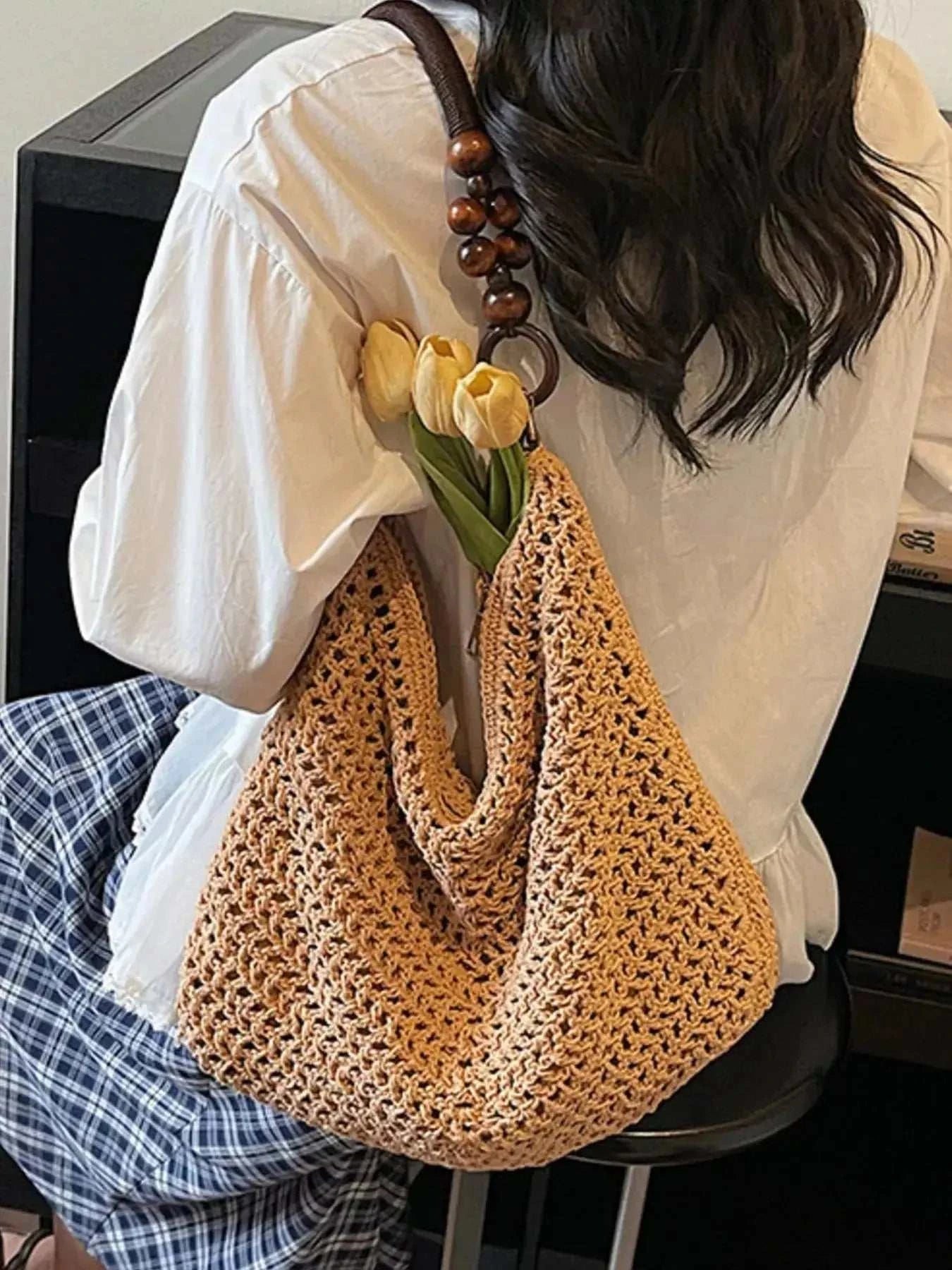 Knitted Shoulder Bag with Wooden Bead Handle - GlowUp Garments