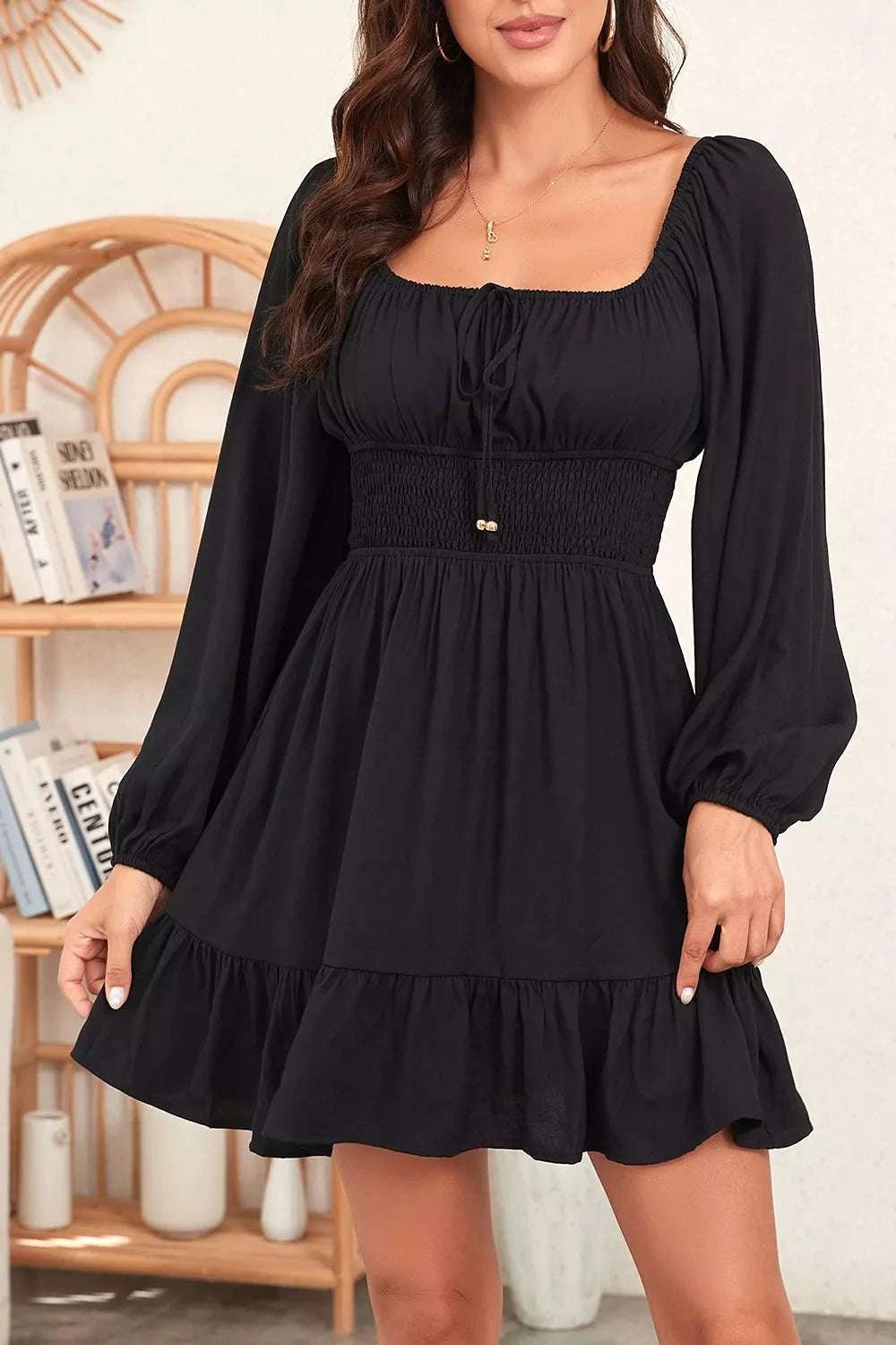 Solid Color Long Sleeve Shirred Drawstring Ruffle Mini Dress - GlowUp Garments