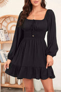 Solid Color Long Sleeve Shirred Drawstring Ruffle Mini Dress - GlowUp Garments