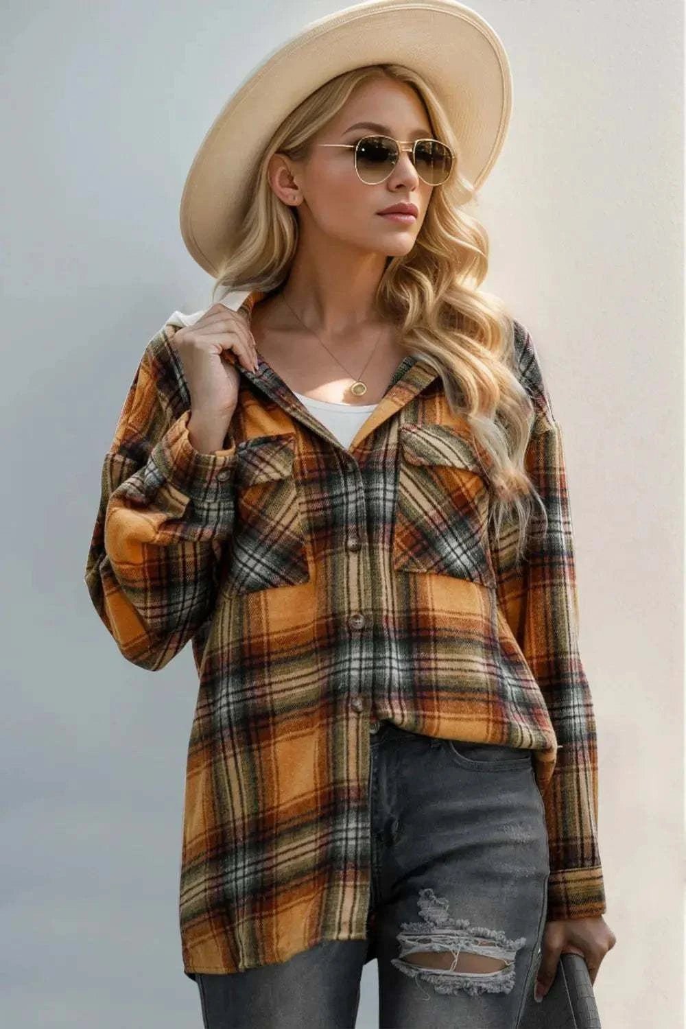 Drawstring Plaid Long Sleeve Hooded Shacket - GlowUp Garments