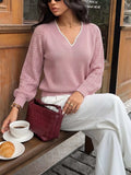 V-Neck Openwork Long Sleeve Sweater - GlowUp Garments
