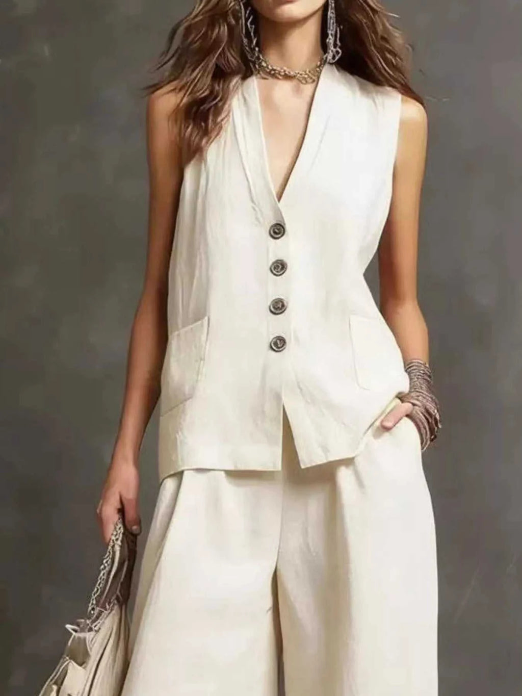 Full Size Sleeveless Vest and Wide-Leg Pants Set Plus SIze - GlowUp Garments