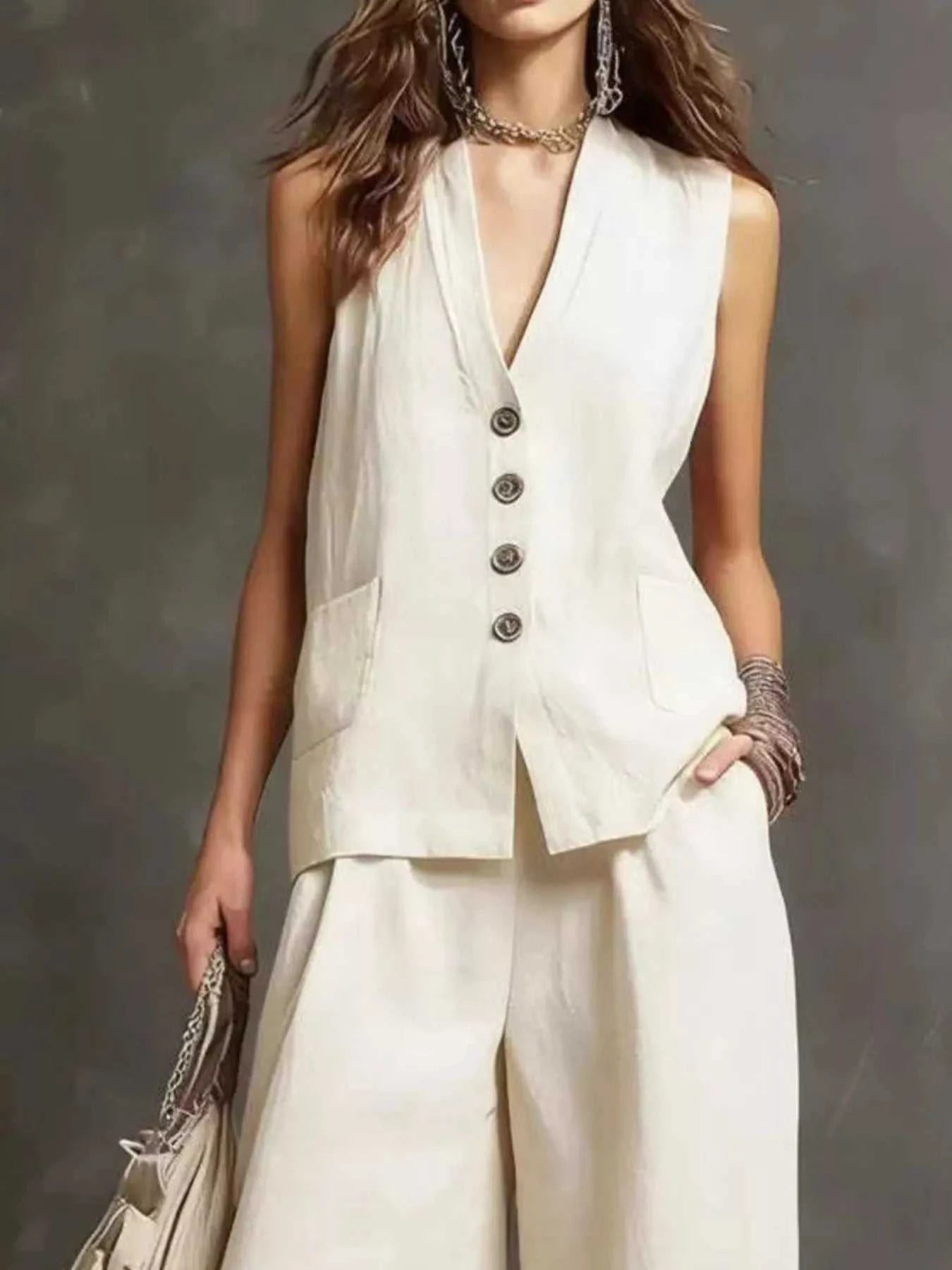 Full Size Sleeveless Vest and Wide-Leg Pants Set Plus SIze - GlowUp Garments