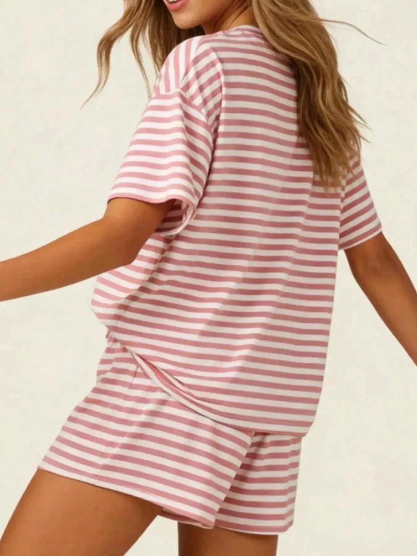 Striped Short Sleeve Tee and Drawstring Shorts Set - GlowUp Garments