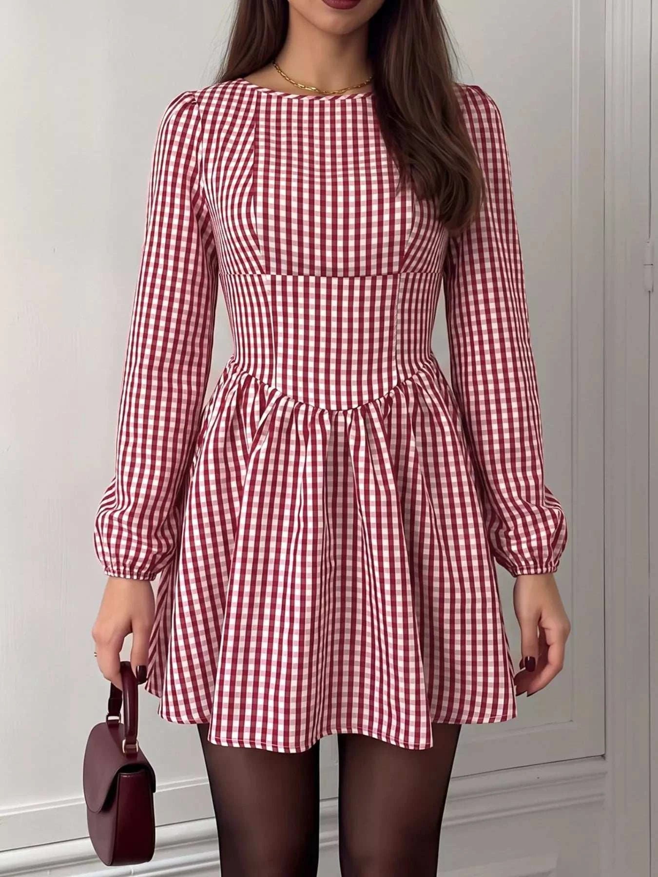 Backless Plaid Long Sleeve Dress - GlowUp Garments
