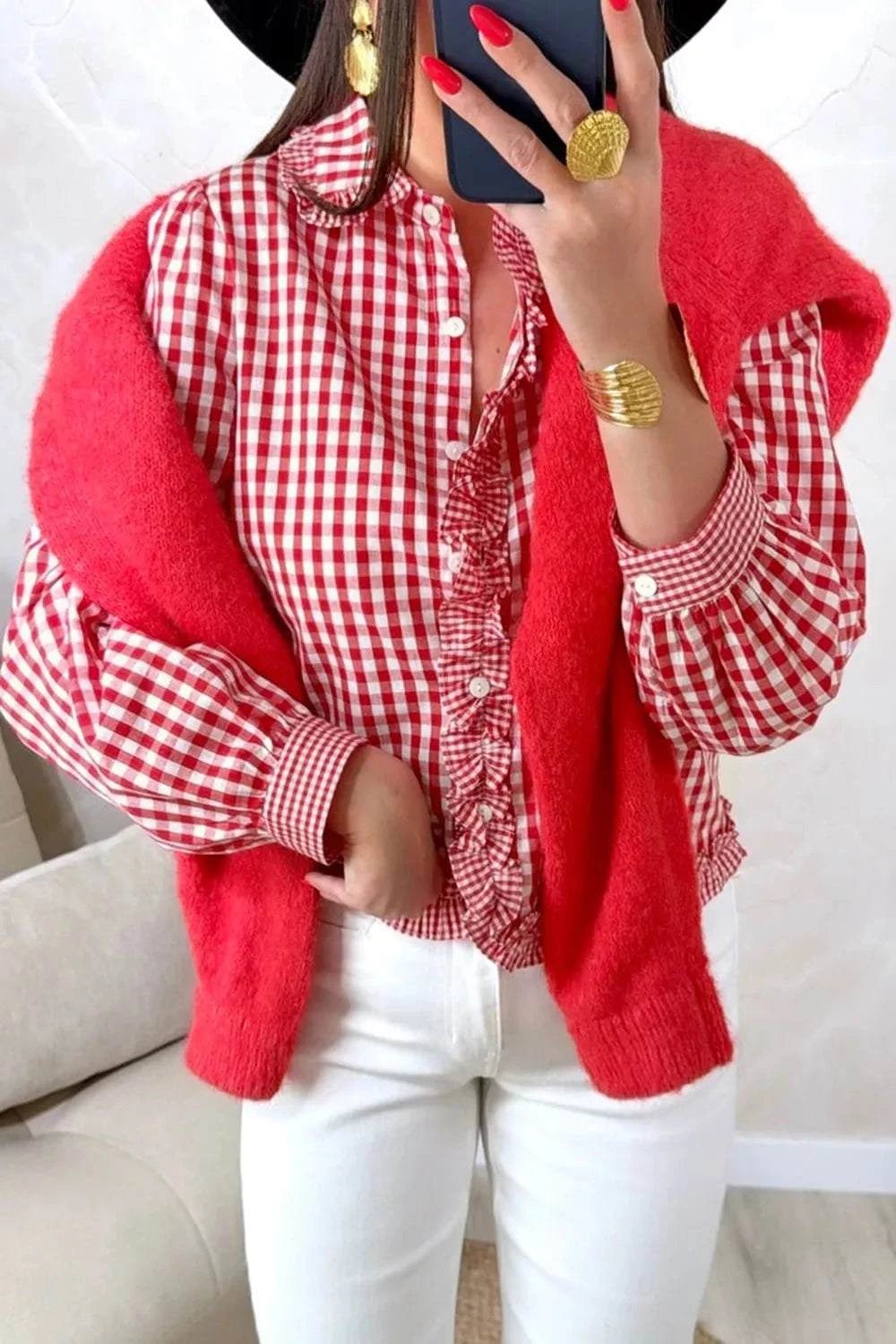 Plaid Long Sleeve Button Down Frill Detail Casual Shirt - GlowUp Garments