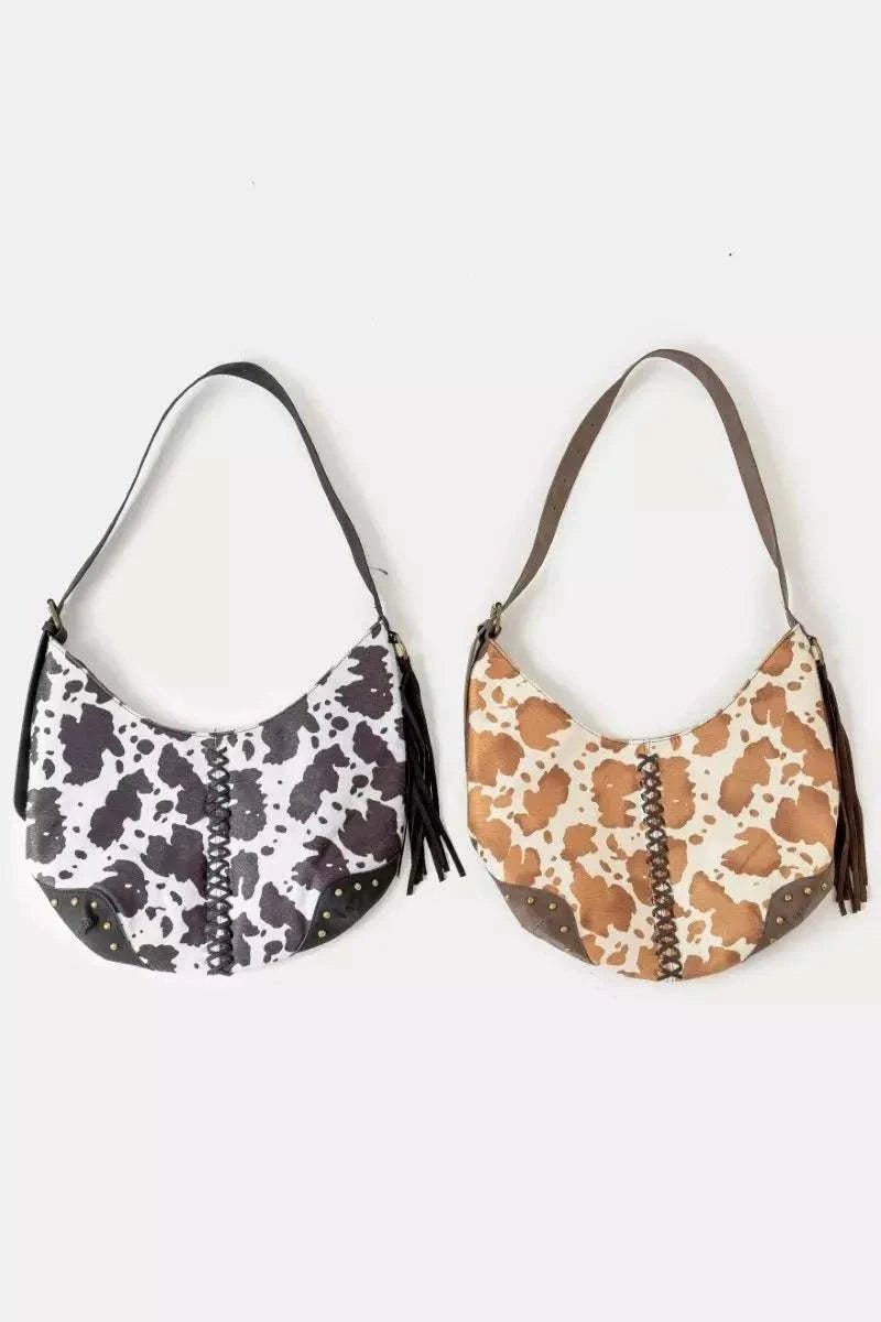 Cow Print Hobo Shoulder Bag with Studded Details - GlowUp Garments