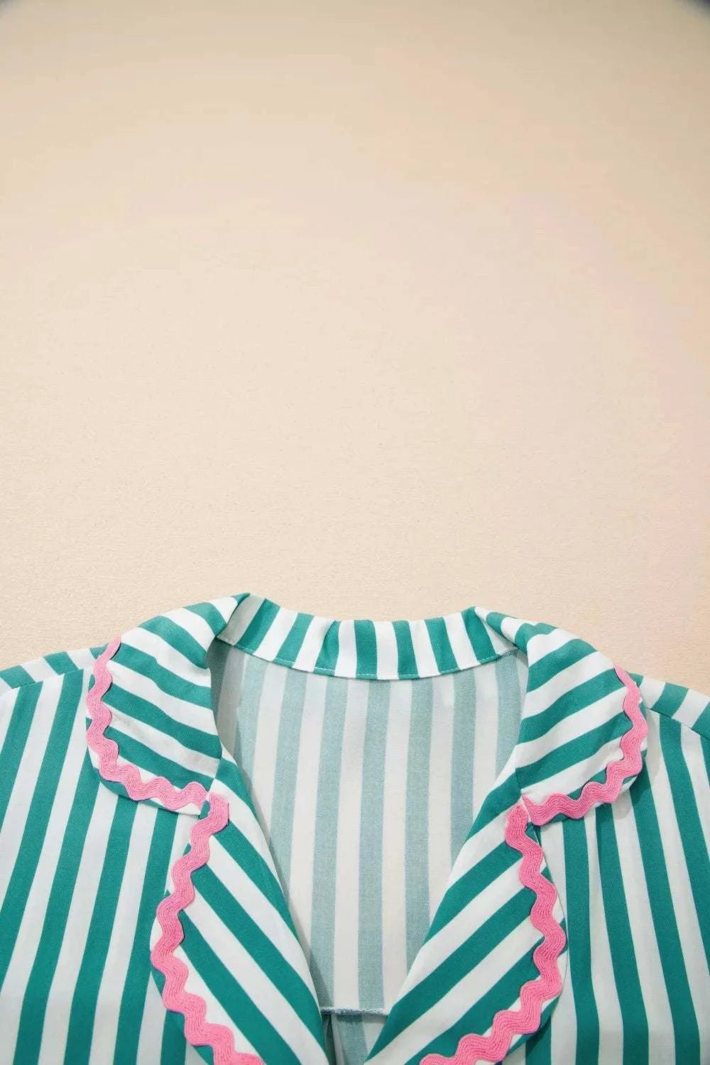 Stripe Contrast Ricrac Trim Long Sleeve Shirt Drawstring Ruffled Pajama Short Set - GlowUp Garments