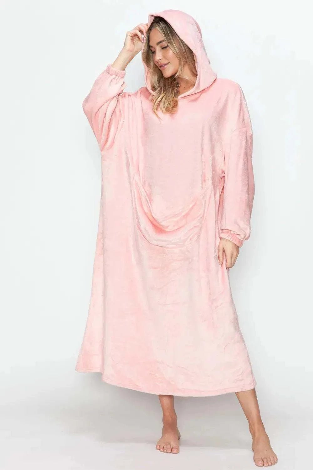 Double Take Full Size Pocketed Hooded Midi Lounge Dress - GlowUp Garments