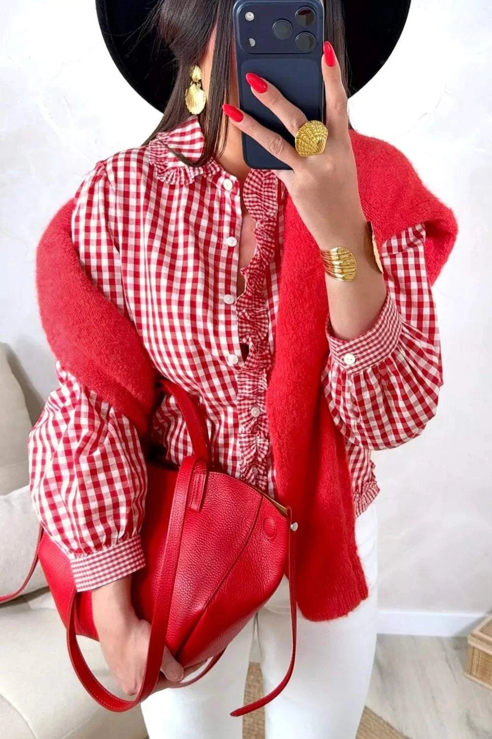 Plaid Long Sleeve Button Down Frill Detail Casual Shirt - GlowUp Garments