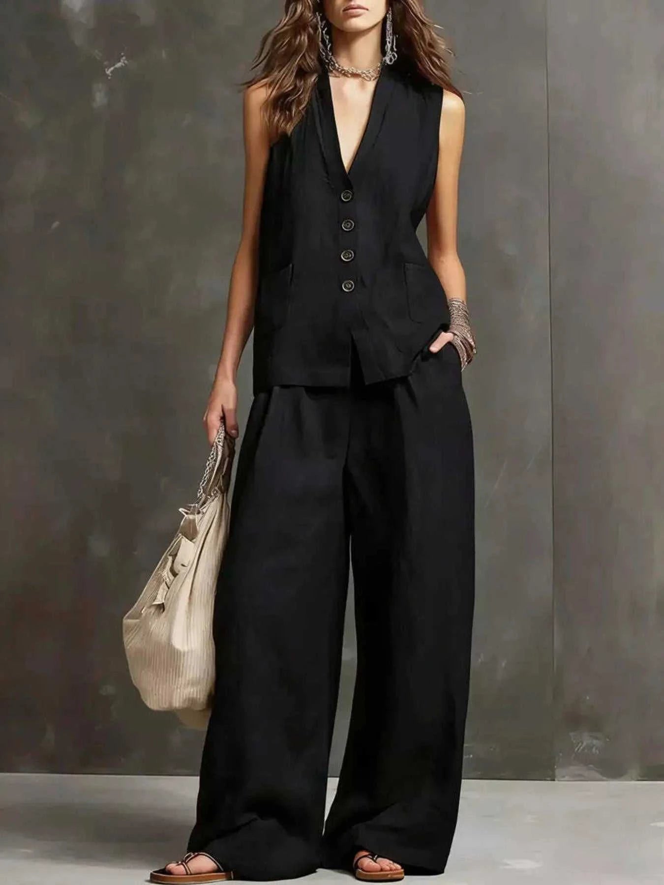 Full Size Sleeveless Vest and Wide-Leg Pants Set Plus SIze - GlowUp Garments