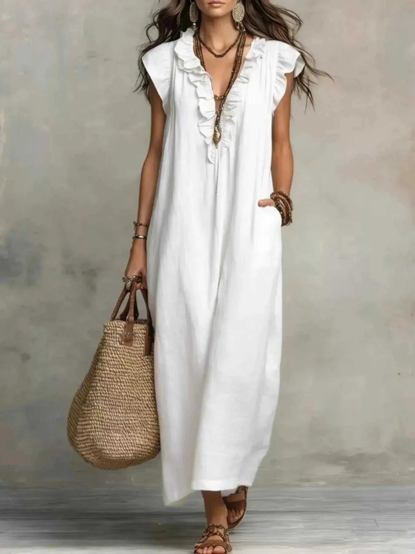 Full Size Ruffled V-Neck Cap Sleeve Maxi Dress Plus Size - GlowUp Garments