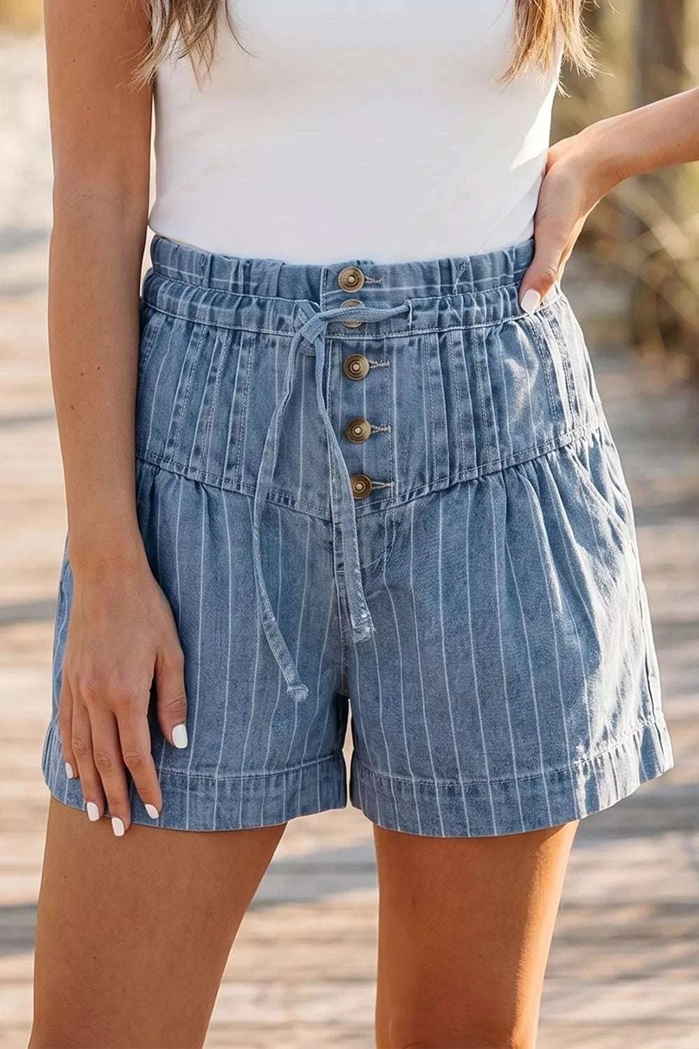 Striped High-Waisted Denim Shorts - GlowUp Garments