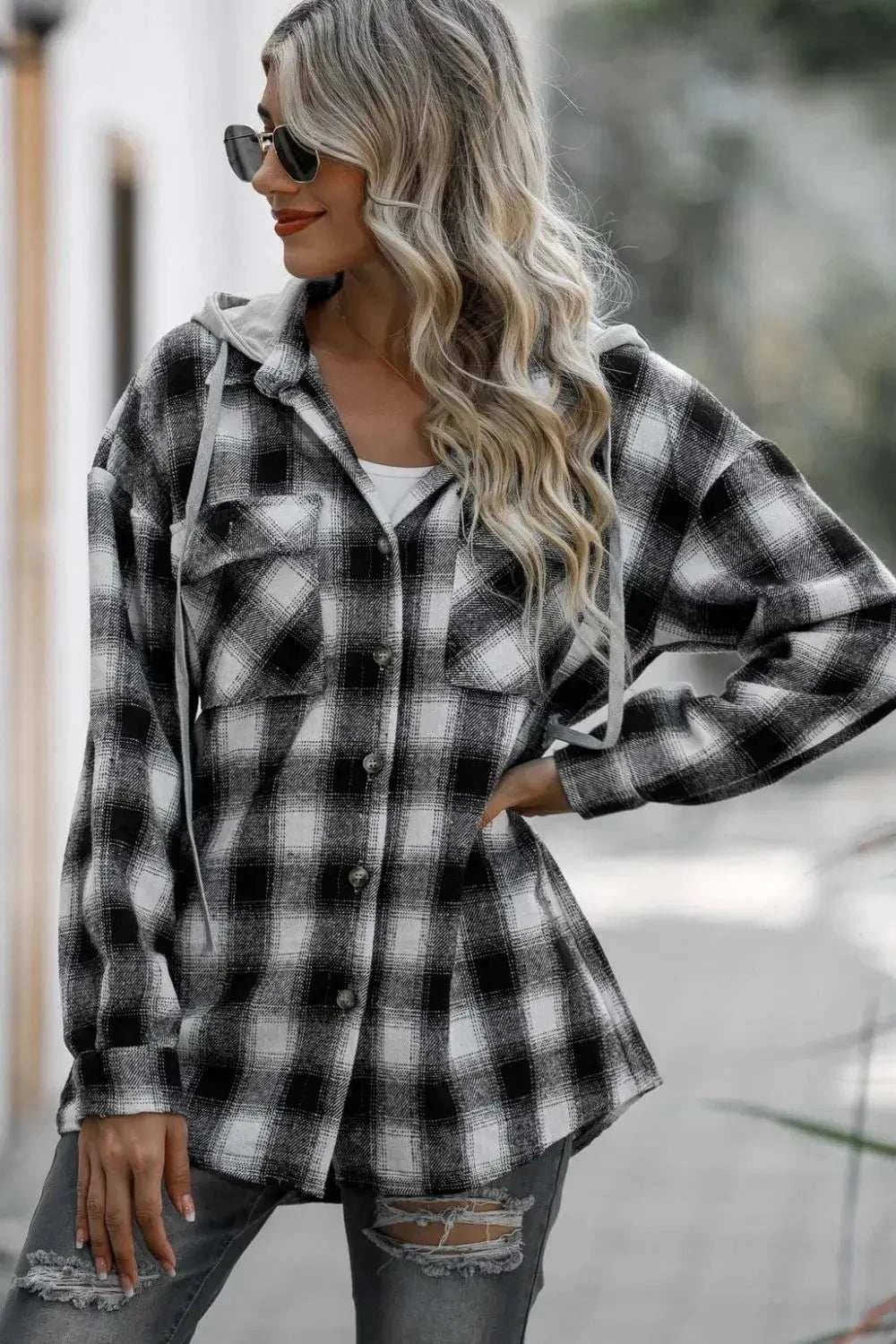 Drawstring Plaid Long Sleeve Hooded Shacket - GlowUp Garments