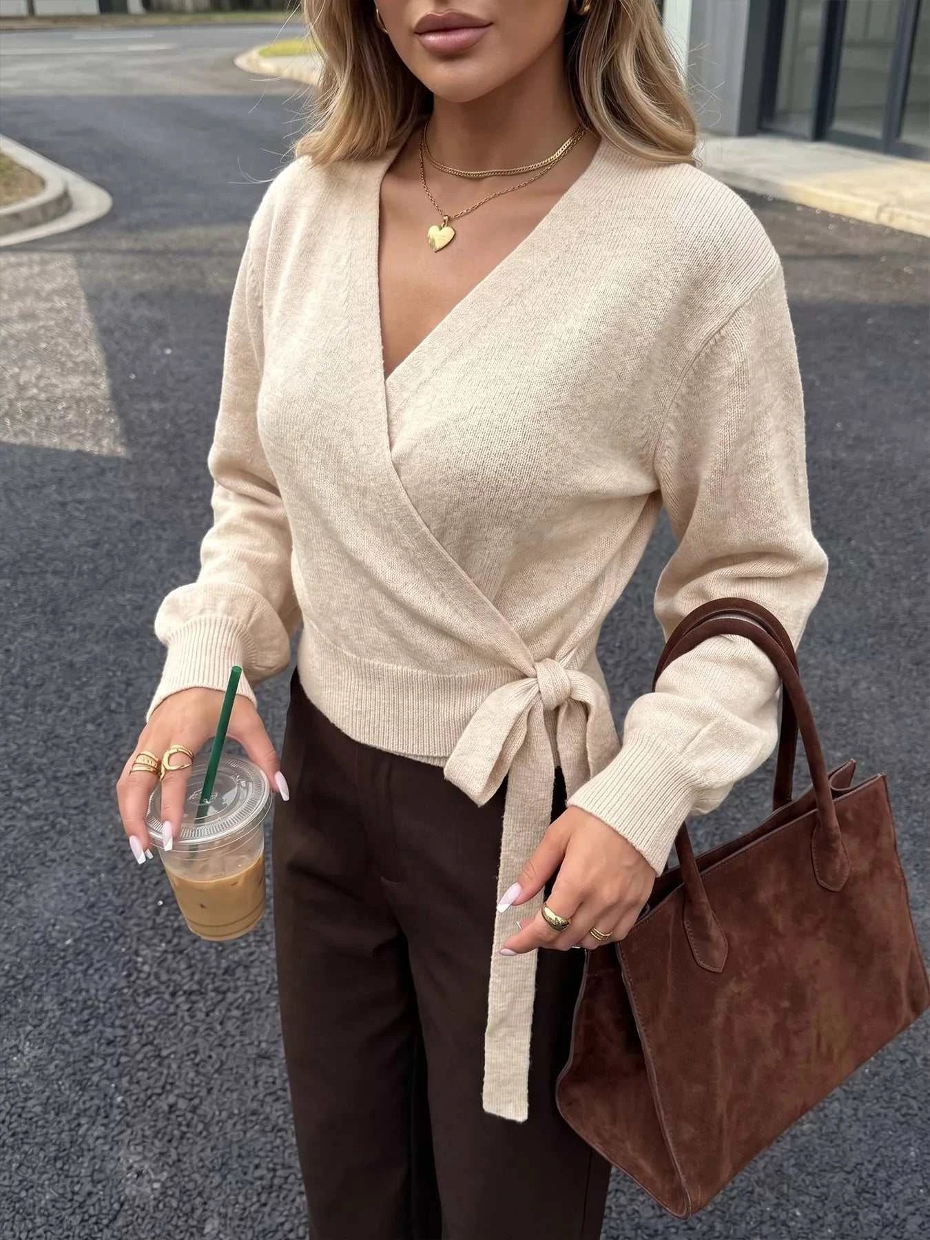 Tied Surplice Long Sleeve Sweater - GlowUp Garments