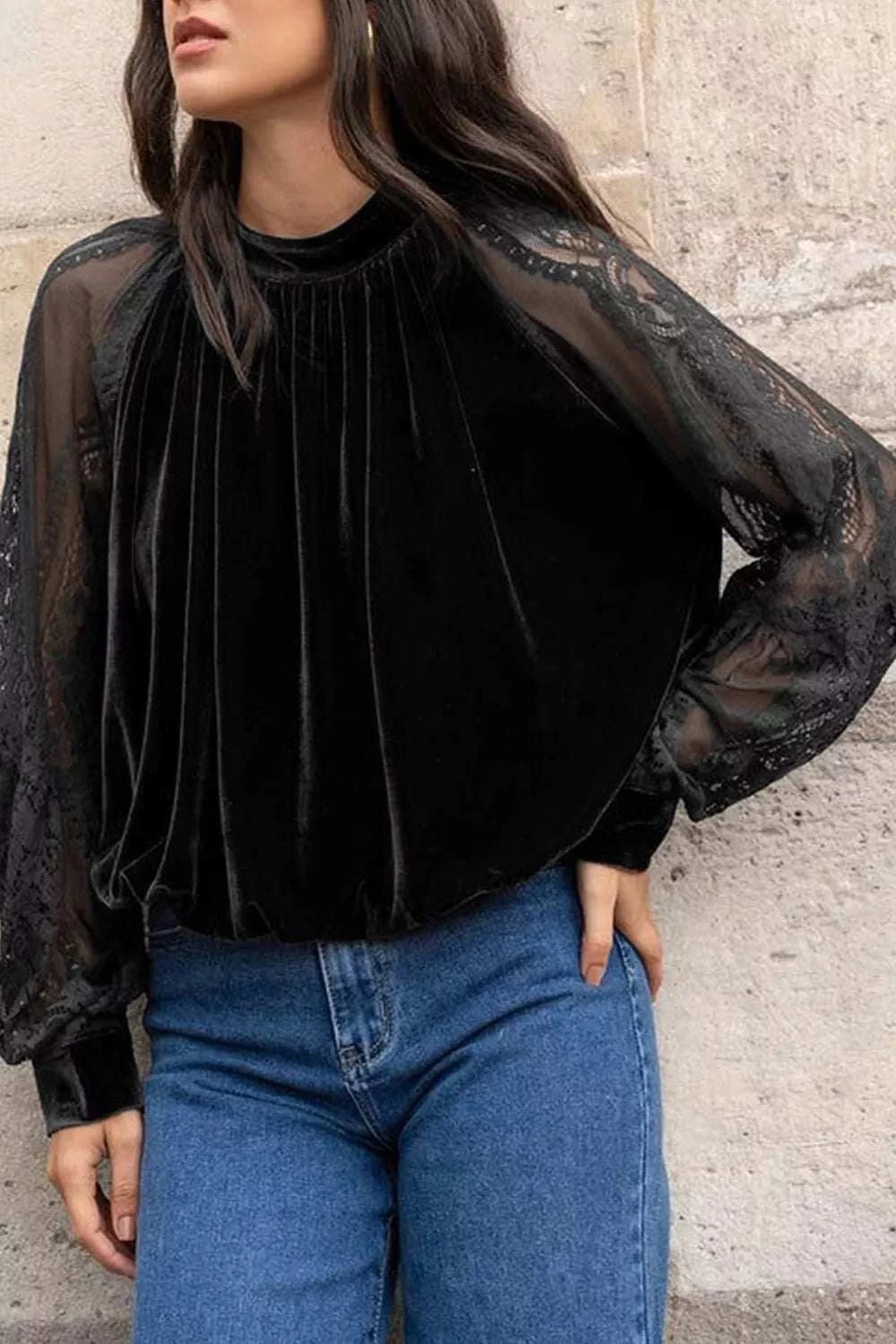 Elegant Velvet Blouse with Sheer Lace Sleeves - GlowUp Garments