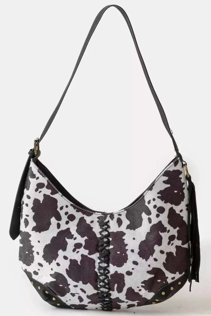 Cow Print Hobo Shoulder Bag with Studded Details - GlowUp Garments
