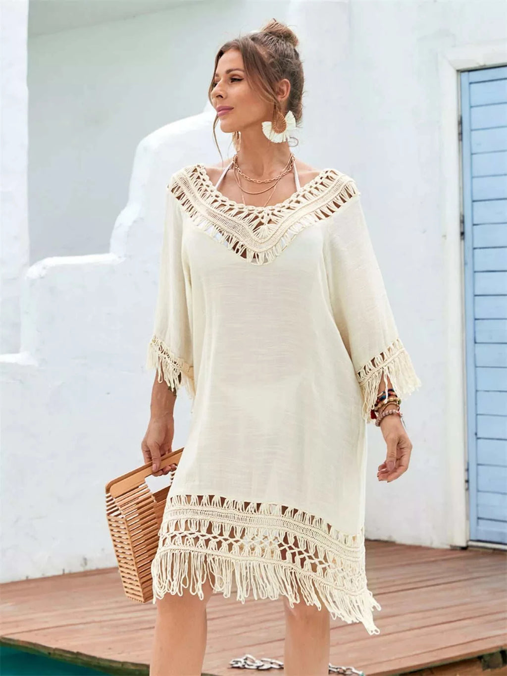 Fringe Crochet V-Neck Cover-Up Dress - GlowUp Garments