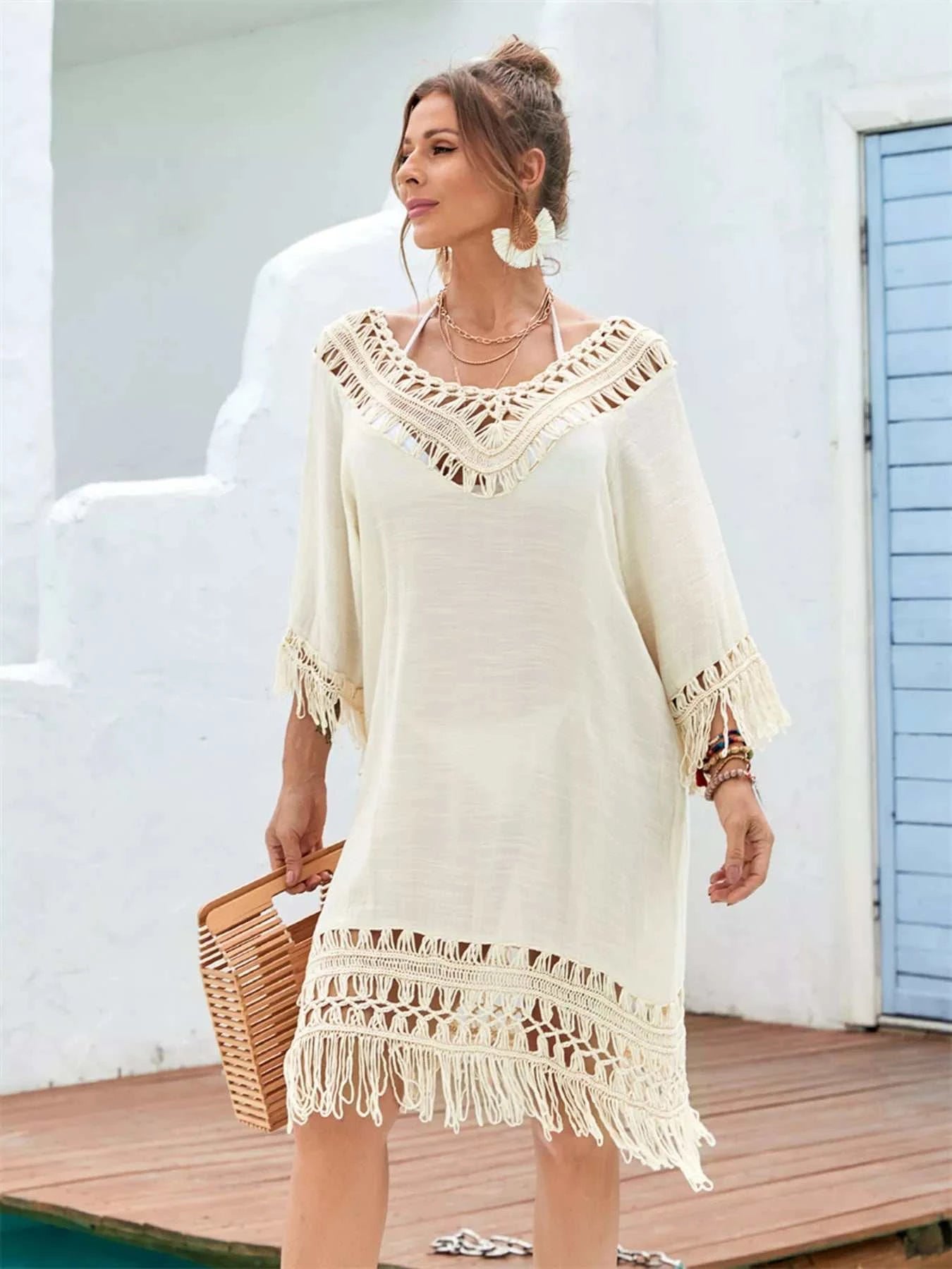 Fringe Crochet V-Neck Cover-Up Dress - GlowUp Garments