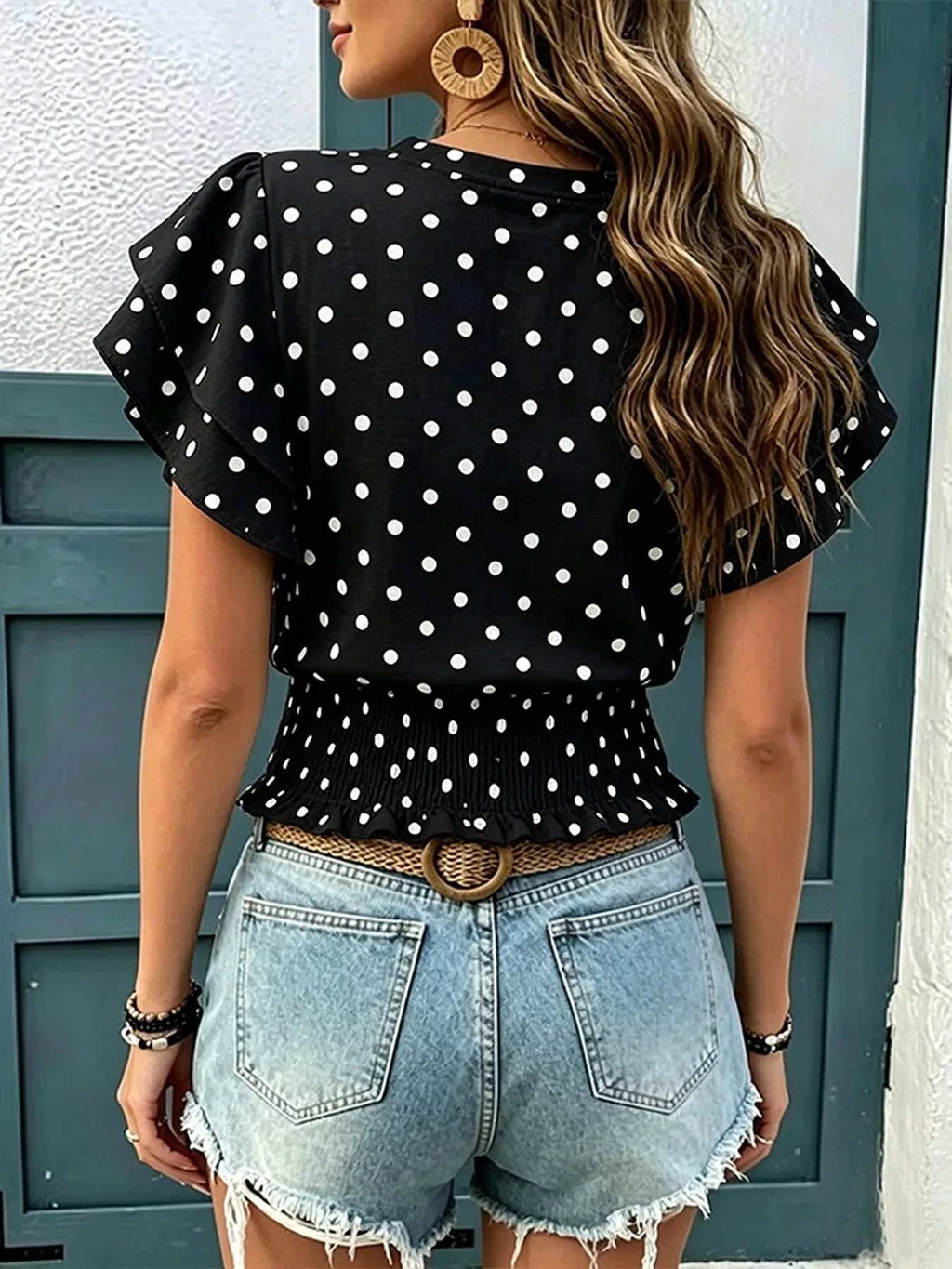 Polka Dot Ruffle Sleeve Blouse - GlowUp Garments