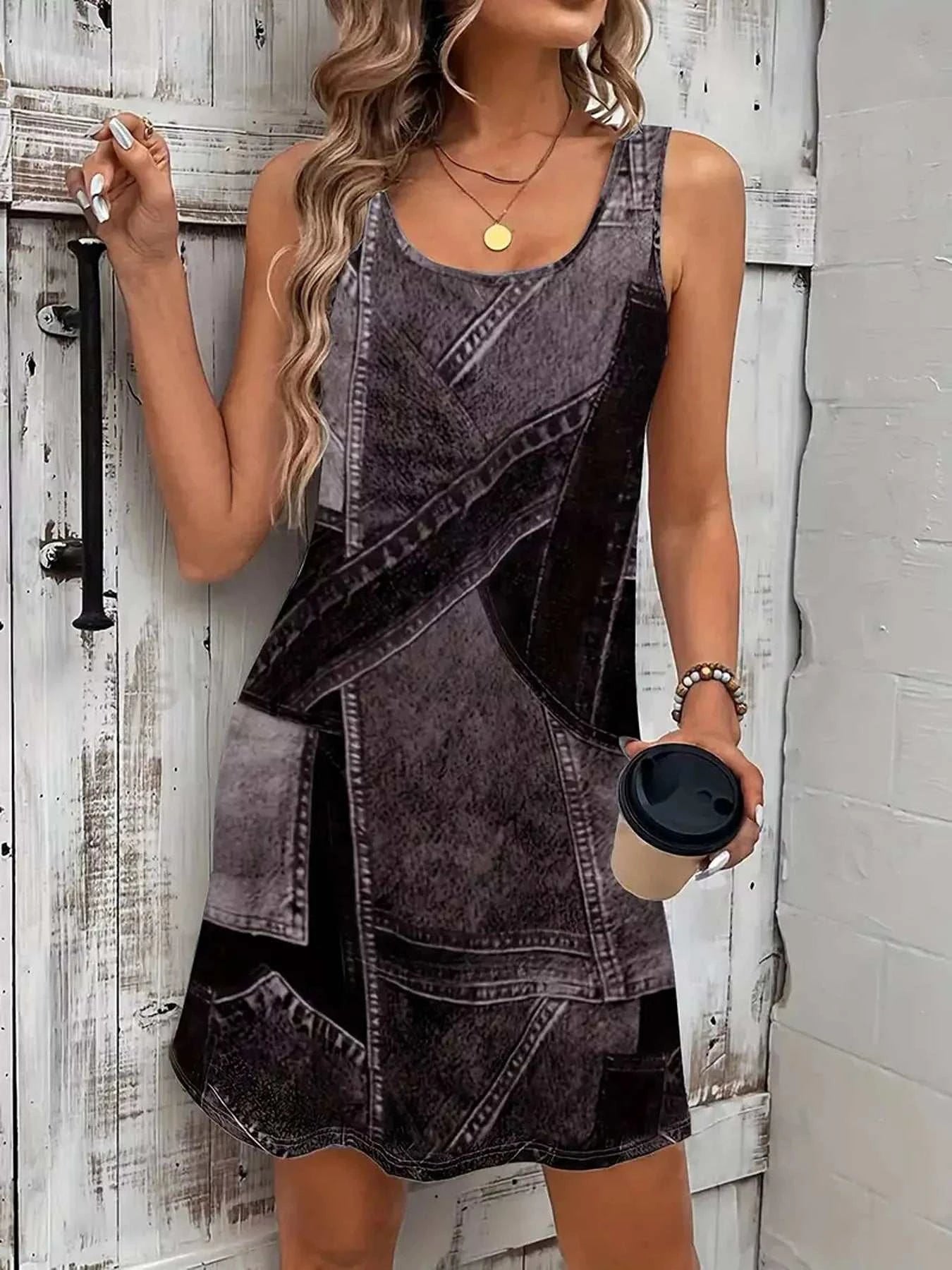 Patchwork Denim Sleeveless Dress - GlowUp Garments