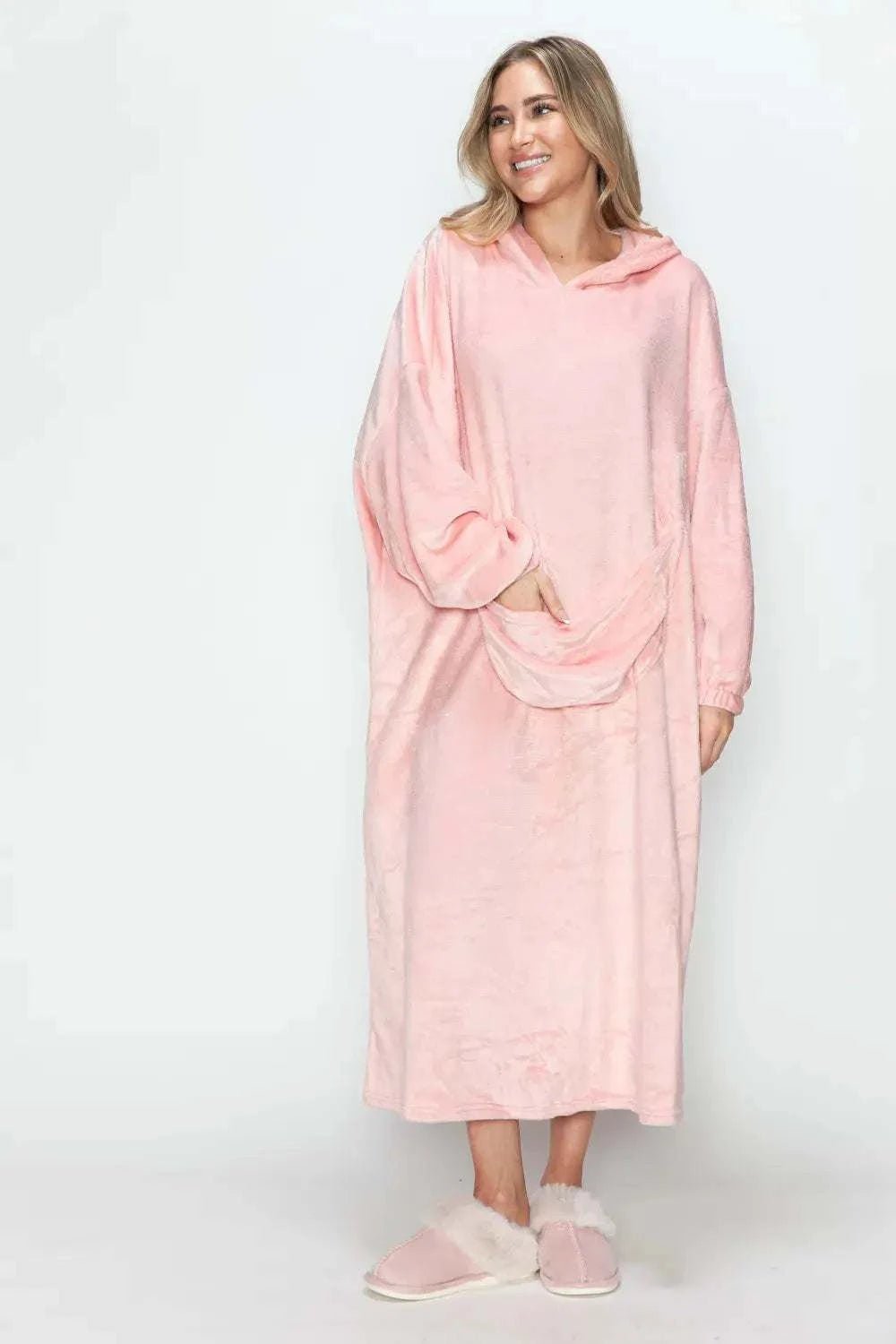 Double Take Full Size Pocketed Hooded Midi Lounge Dress - GlowUp Garments