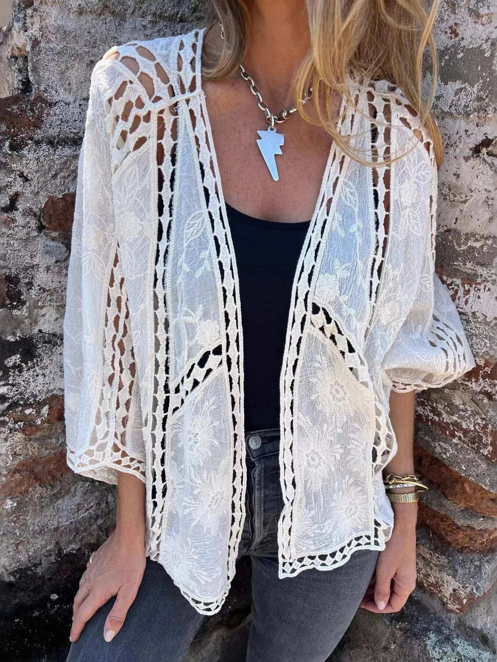 Full Size Embroidered Open Front Cardigan Plus Size - GlowUp Garments