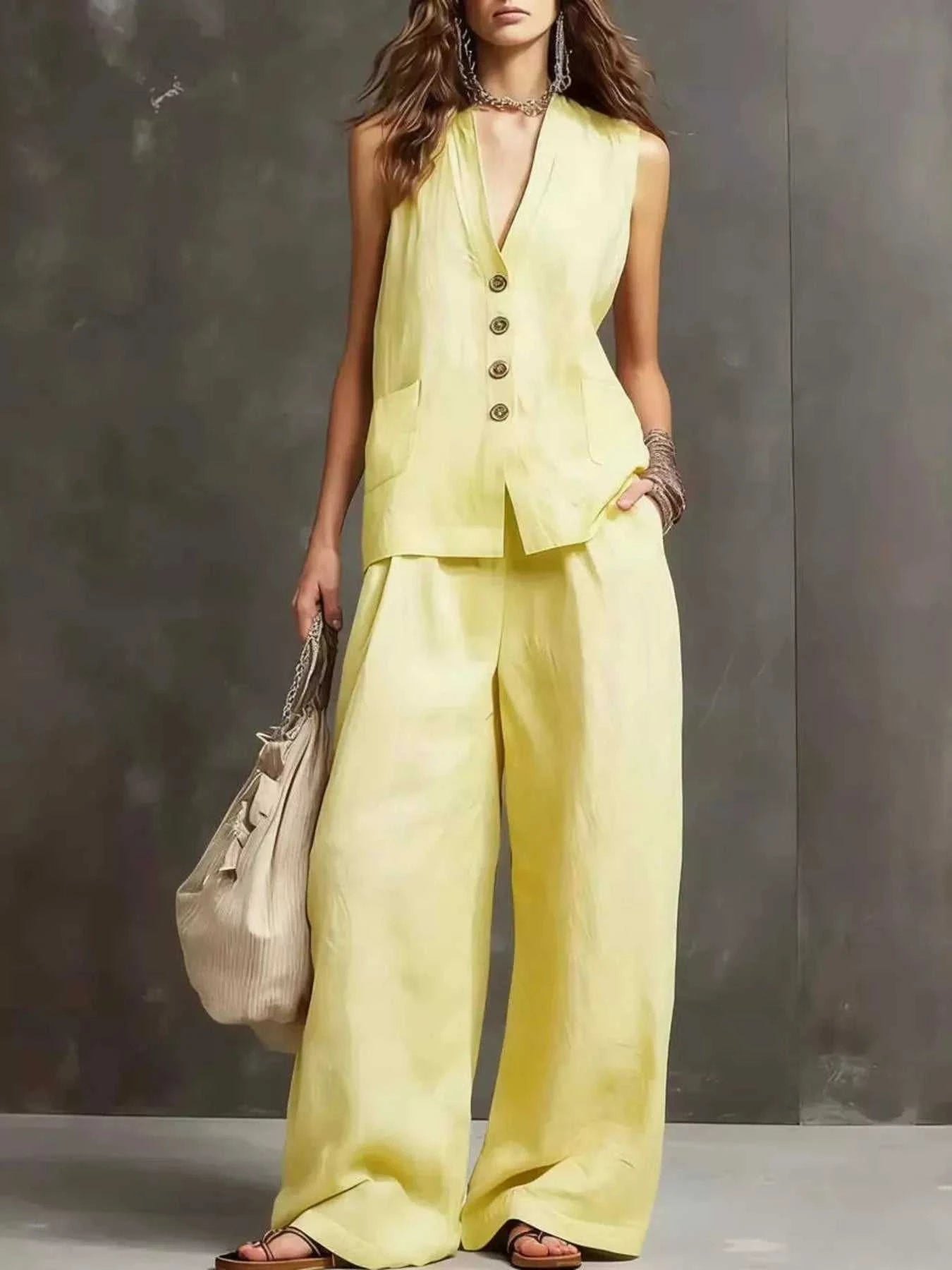 Full Size Sleeveless Vest and Wide-Leg Pants Set Plus SIze - GlowUp Garments