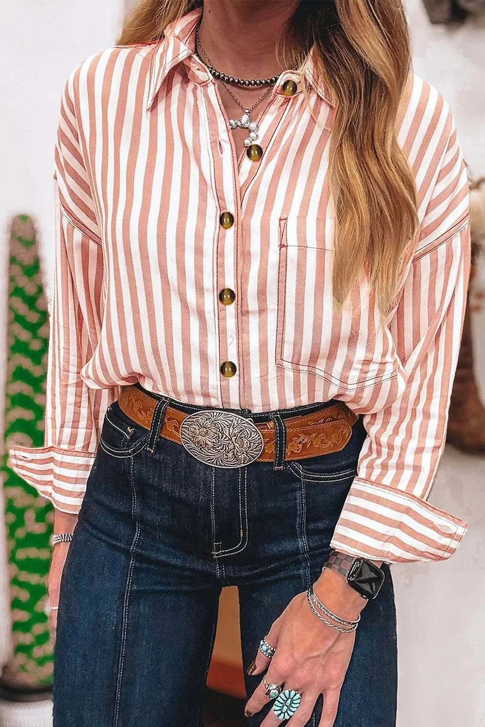 Stripe Western Button Down Long Sleeve Casual Shirt - GlowUp Garments