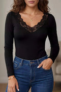 Lace Trim Elegant Neckline Long Sleeve Slim Top - GlowUp Garments