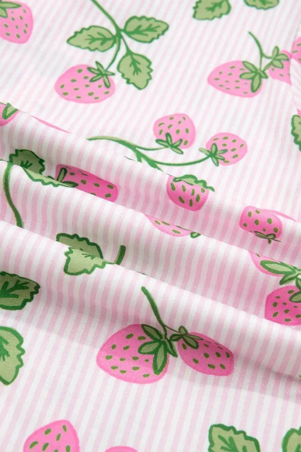 Striped Strawberry Print Lapel Shirt Drawstring Shorts 2pcs Pajama Set - GlowUp Garments