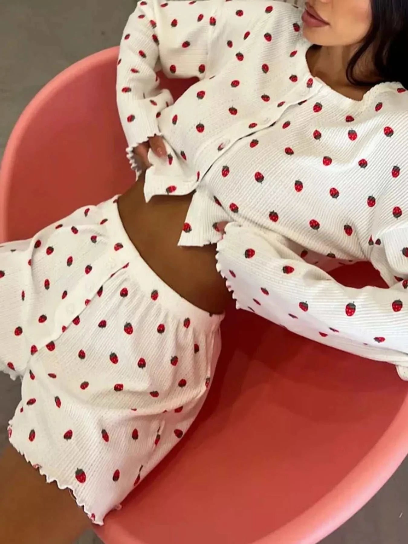 Strawberry Print Button-Down Top and Shorts Lounge Set - GlowUp Garments