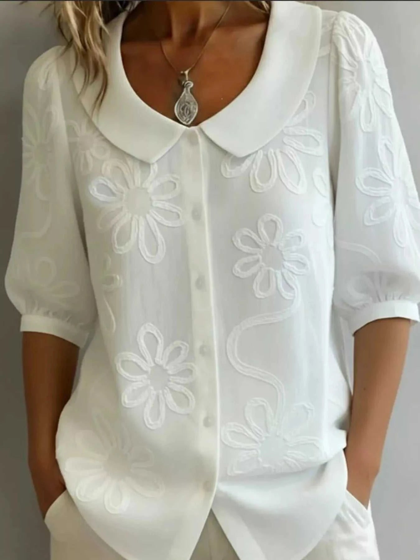 Full Size Flower Puff Sleeve Shirt Plus Size - GlowUp Garments