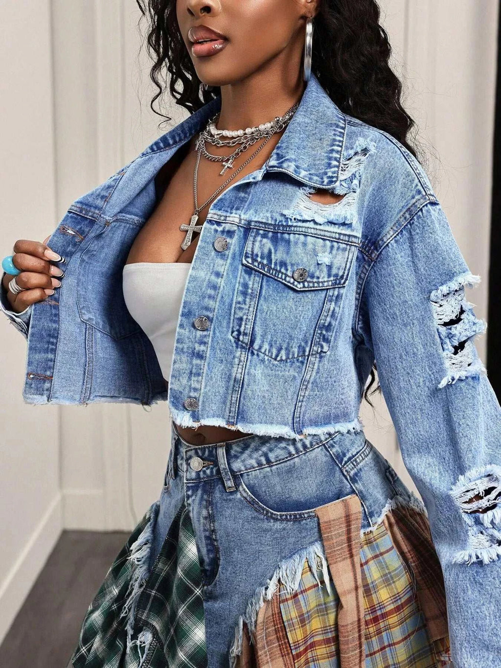 Distressed Cropped Denim Jacket - GlowUp Garments