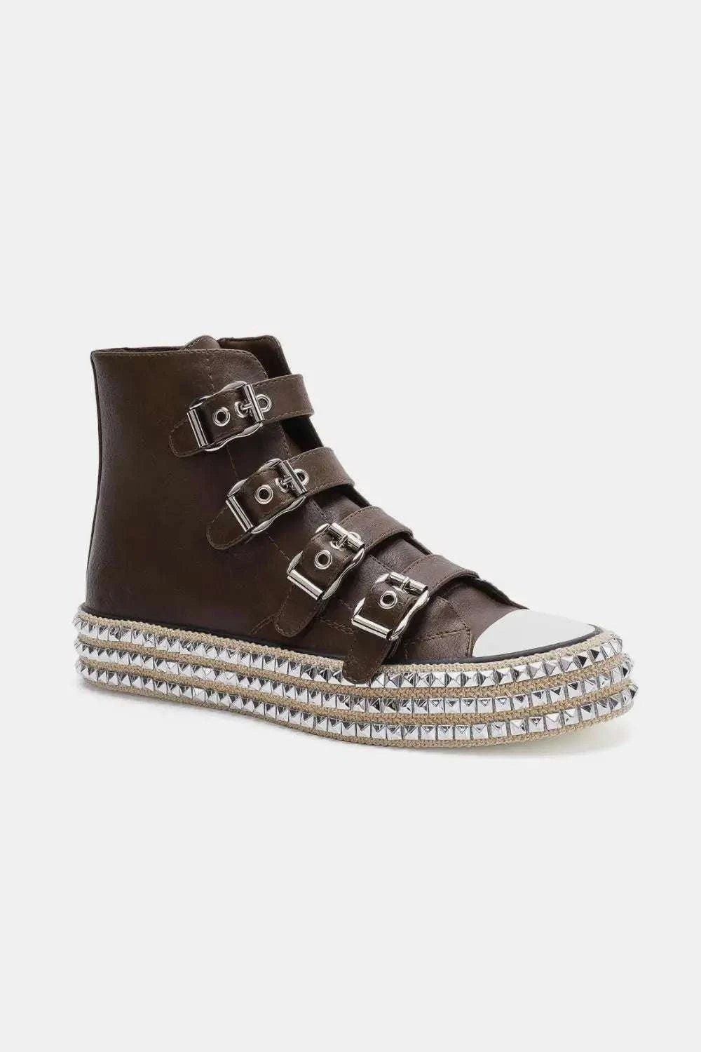 Beast Fashion Multi-Buckle Straps Studded Platform Sneakers - GlowUp Garments