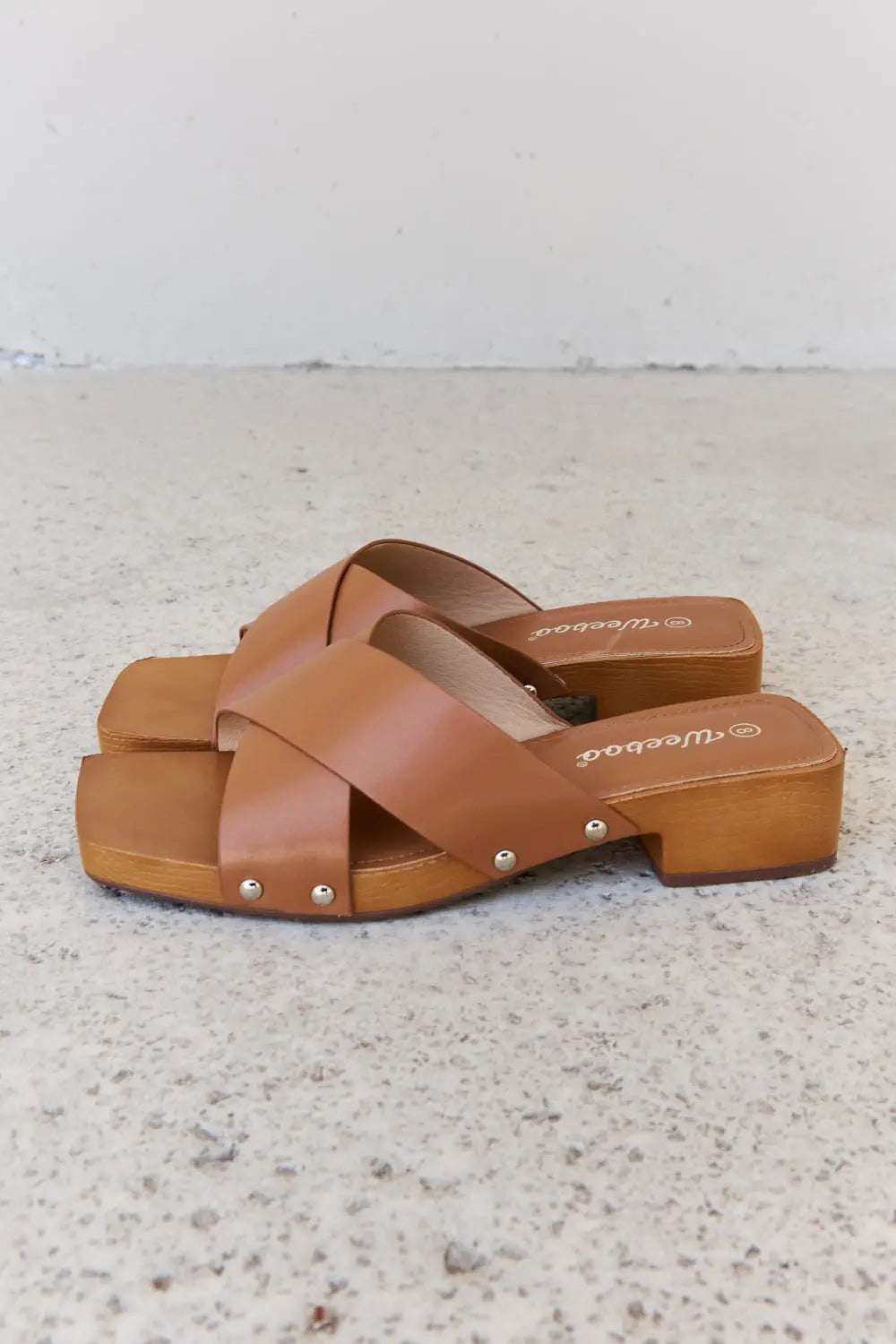 Weeboo Step Into Summer Criss Cross Wooden Clog Mule in Brown - GlowUp Garments
