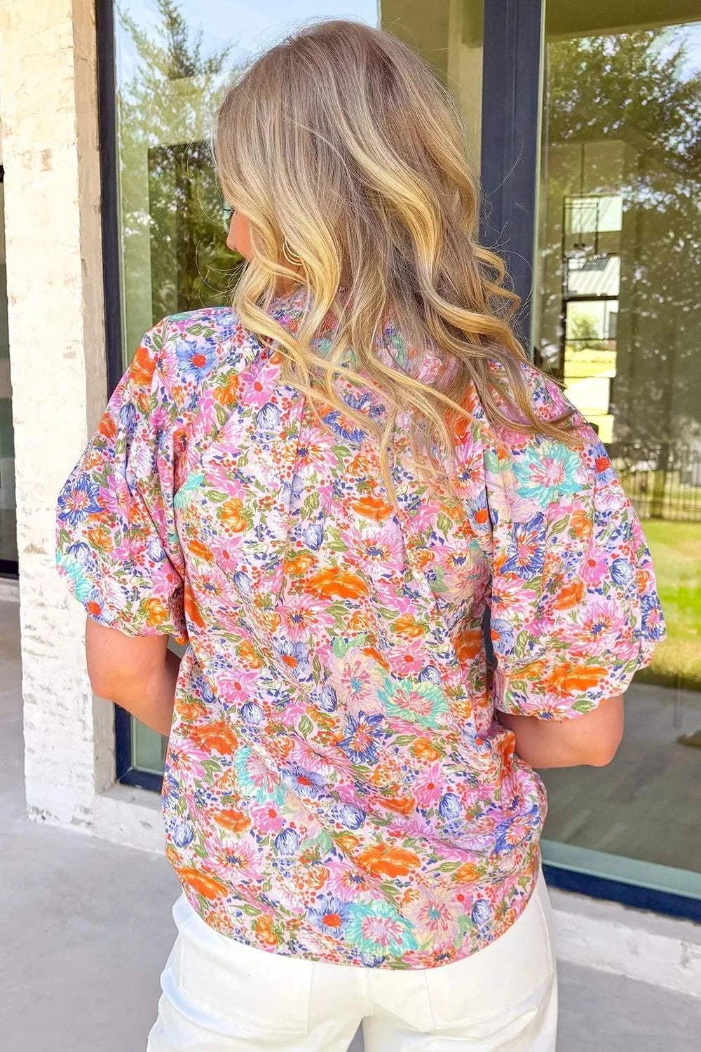 Floral Print Puff Sleeve Blouse - GlowUp Garments