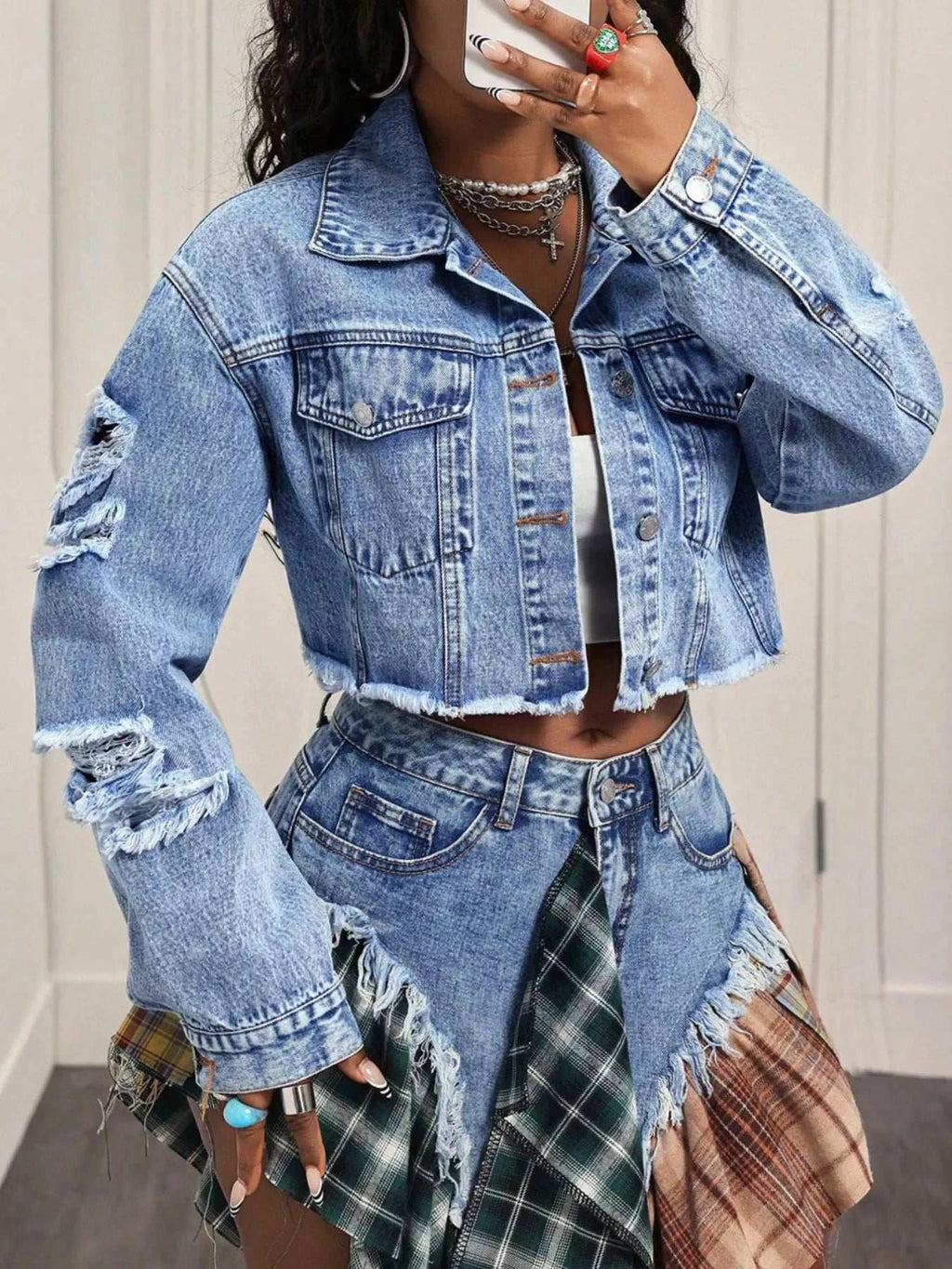 Distressed Cropped Denim Jacket - GlowUp Garments
