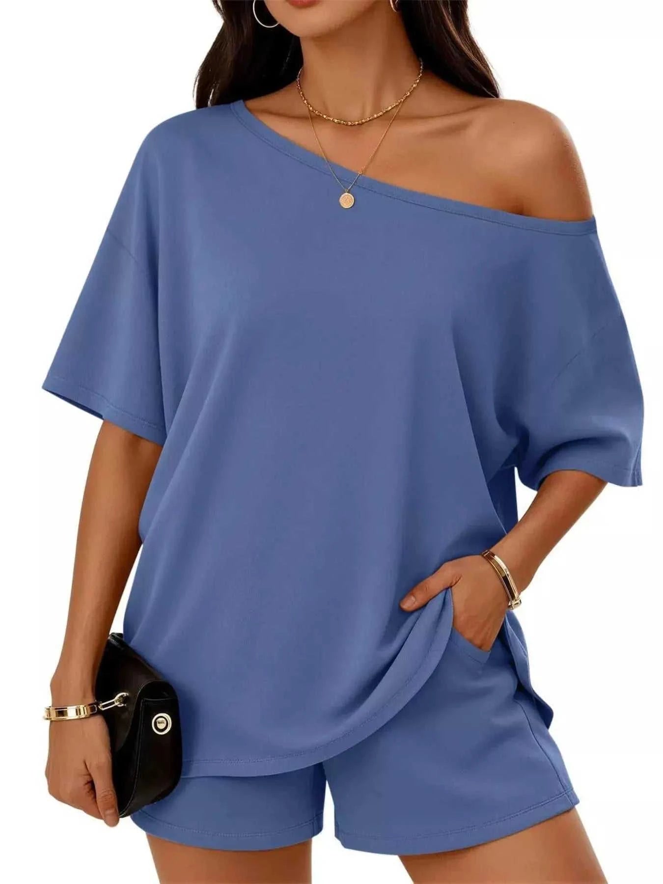 Full Size One Shoulder Top and Shorts Set Plus Size - GlowUp Garments